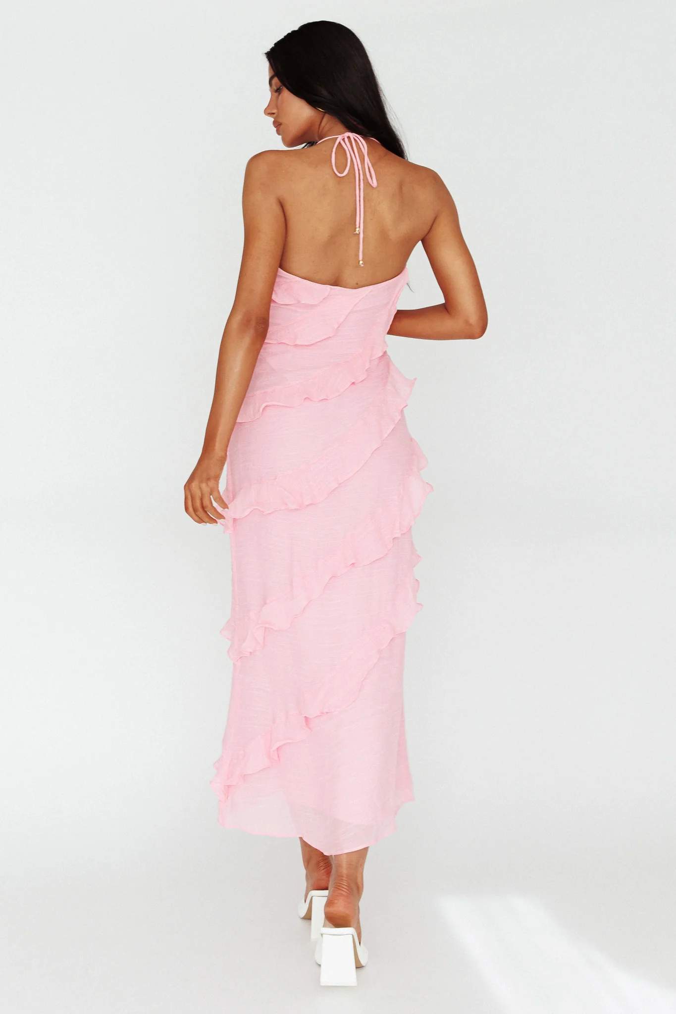 Arrabel Halterneck Ruffle Maxi Dress Pink - Image 2