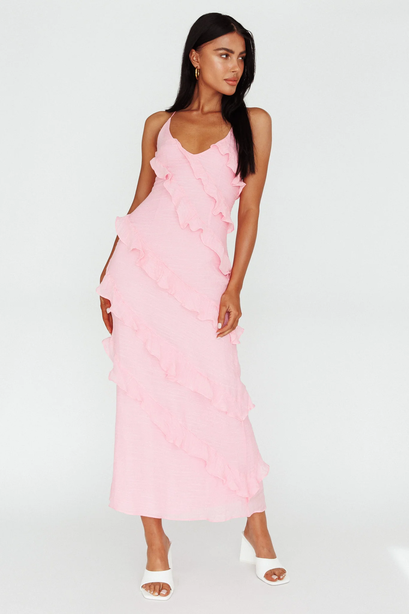 Arrabel Halterneck Ruffle Maxi Dress Pink - Image 3