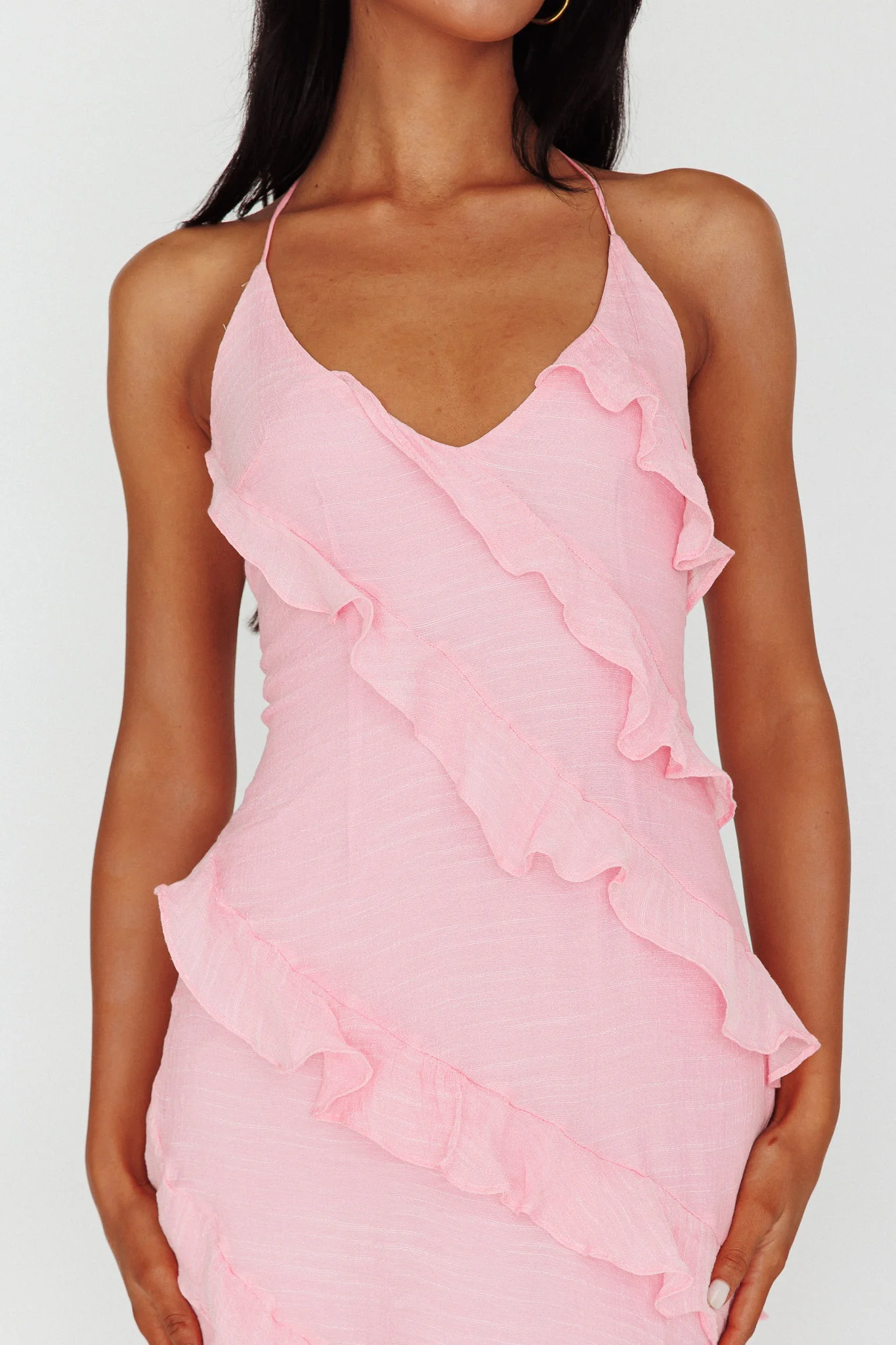 Arrabel Halterneck Ruffle Maxi Dress Pink - Image 4