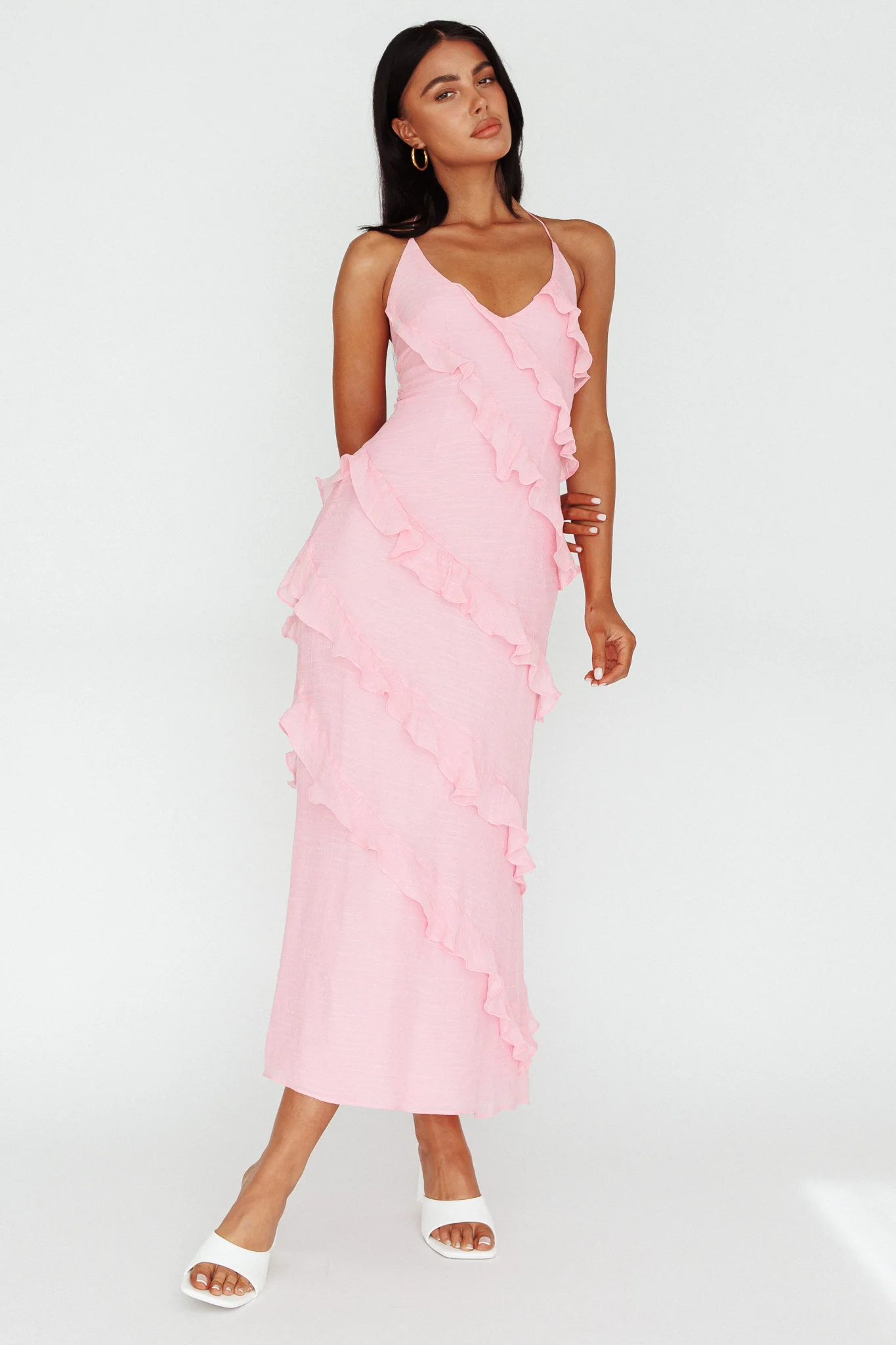 Arrabel Halterneck Ruffle Maxi Dress Pink - Image 5