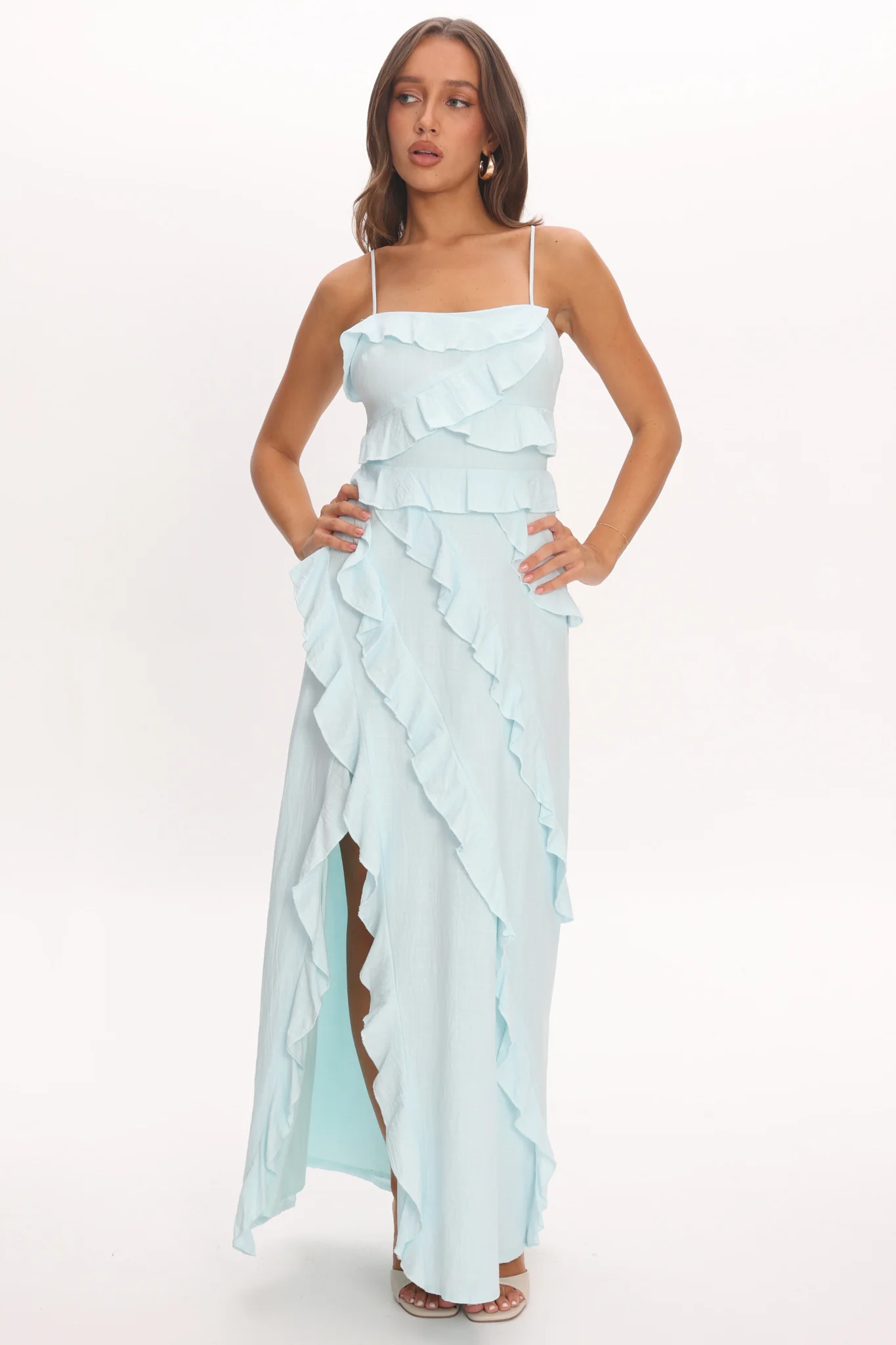 Arrabel Ruffle Split Maxi Dress Blue - Image 3