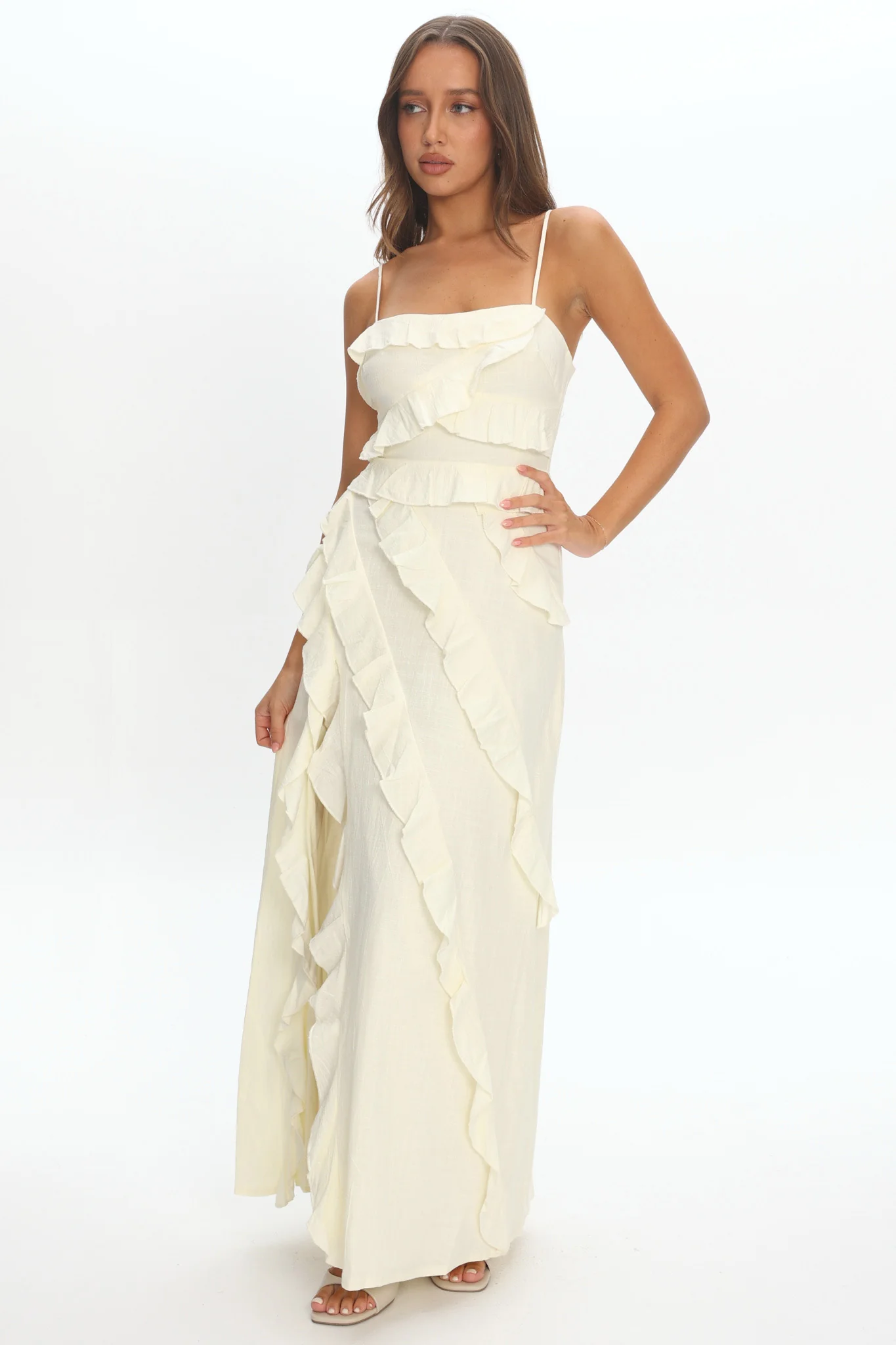 Arrabel Ruffle Split Maxi Dress Ivory - Image 2