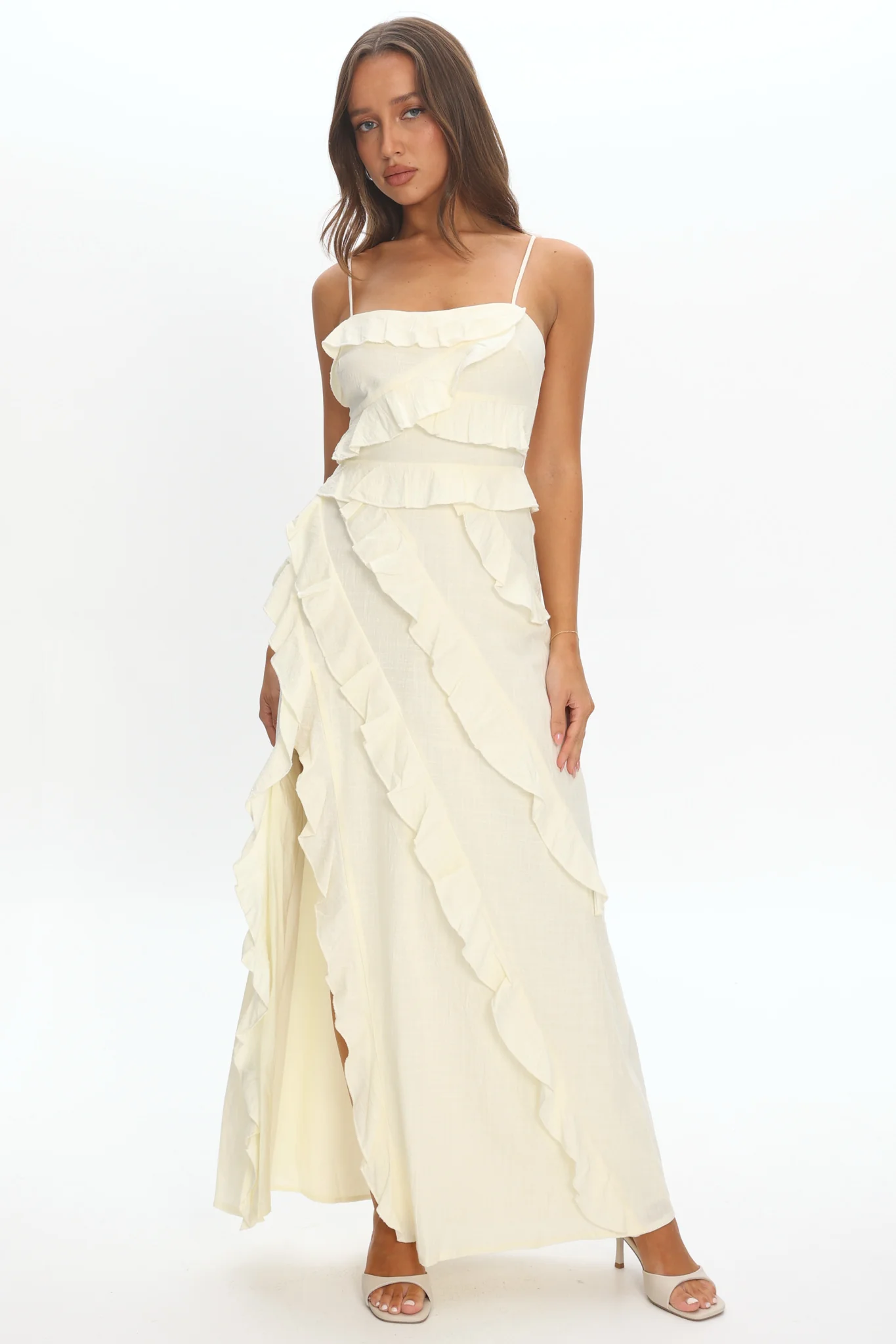 Arrabel Ruffle Split Maxi Dress Ivory - Image 5