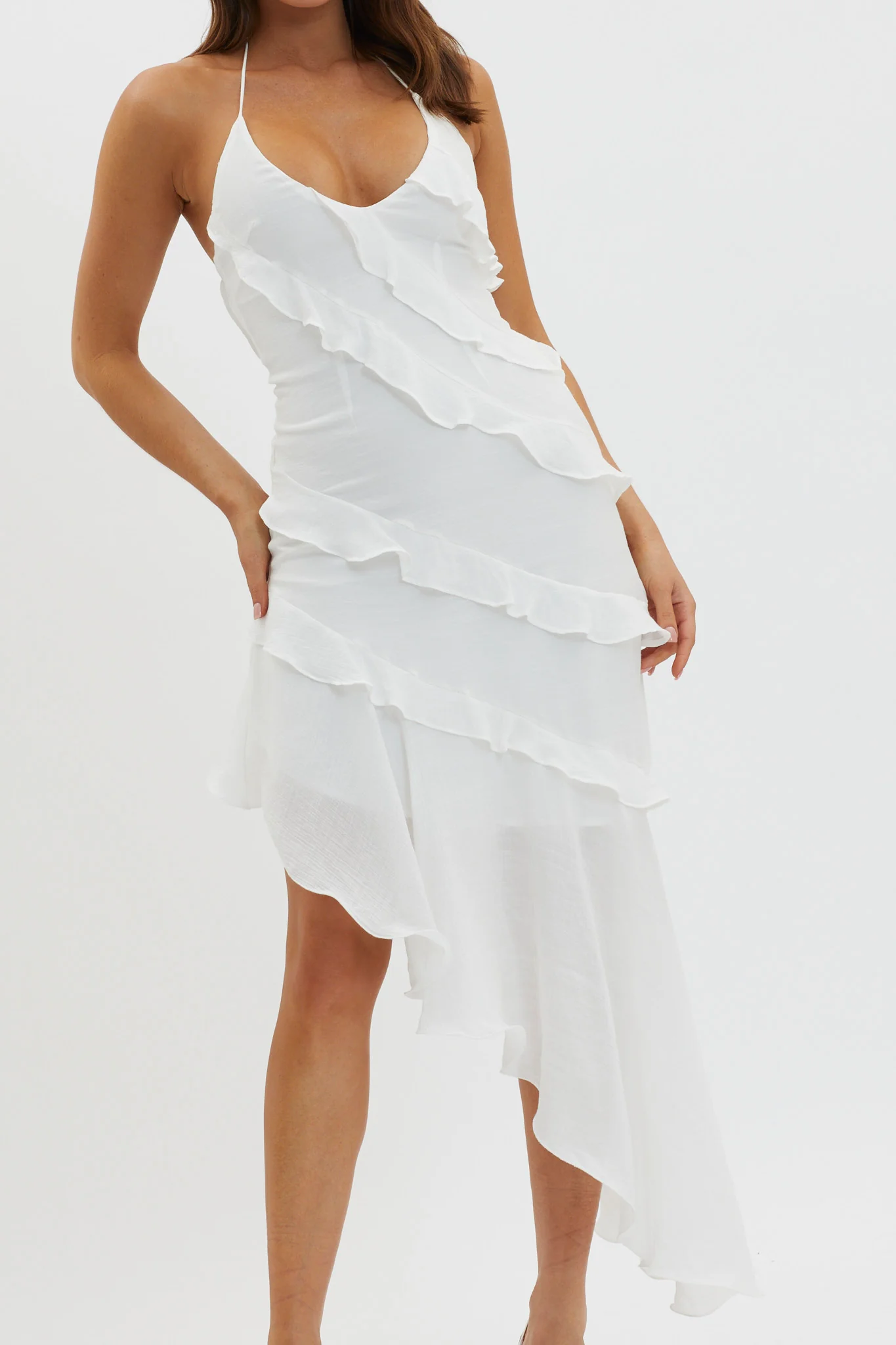 Arrabel Tiered Ruffle Asymmetric Midi Dress White - Image 4