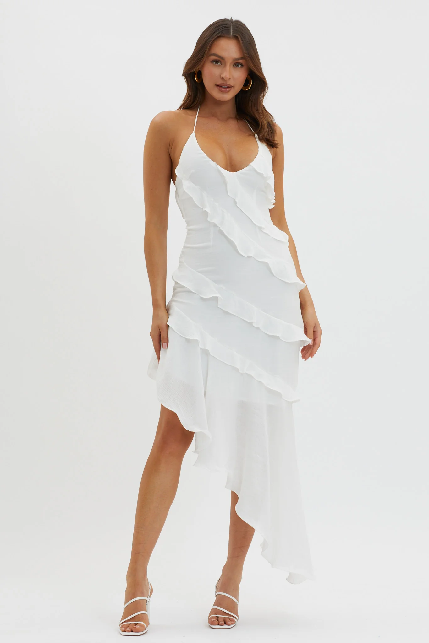 Arrabel Tiered Ruffle Asymmetric Midi Dress White - Image 5