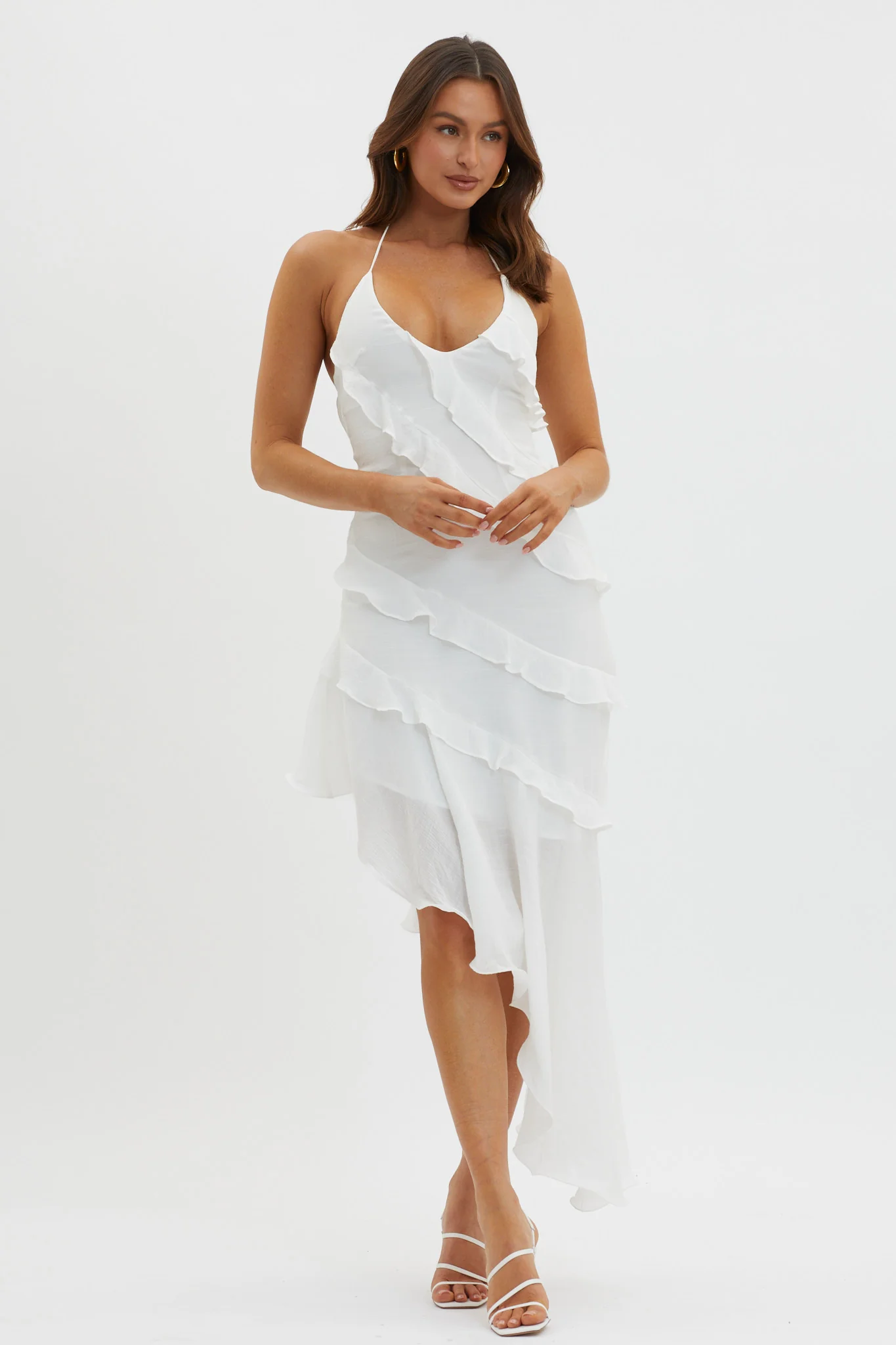 Arrabel Tiered Ruffle Asymmetric Midi Dress White - Image 6