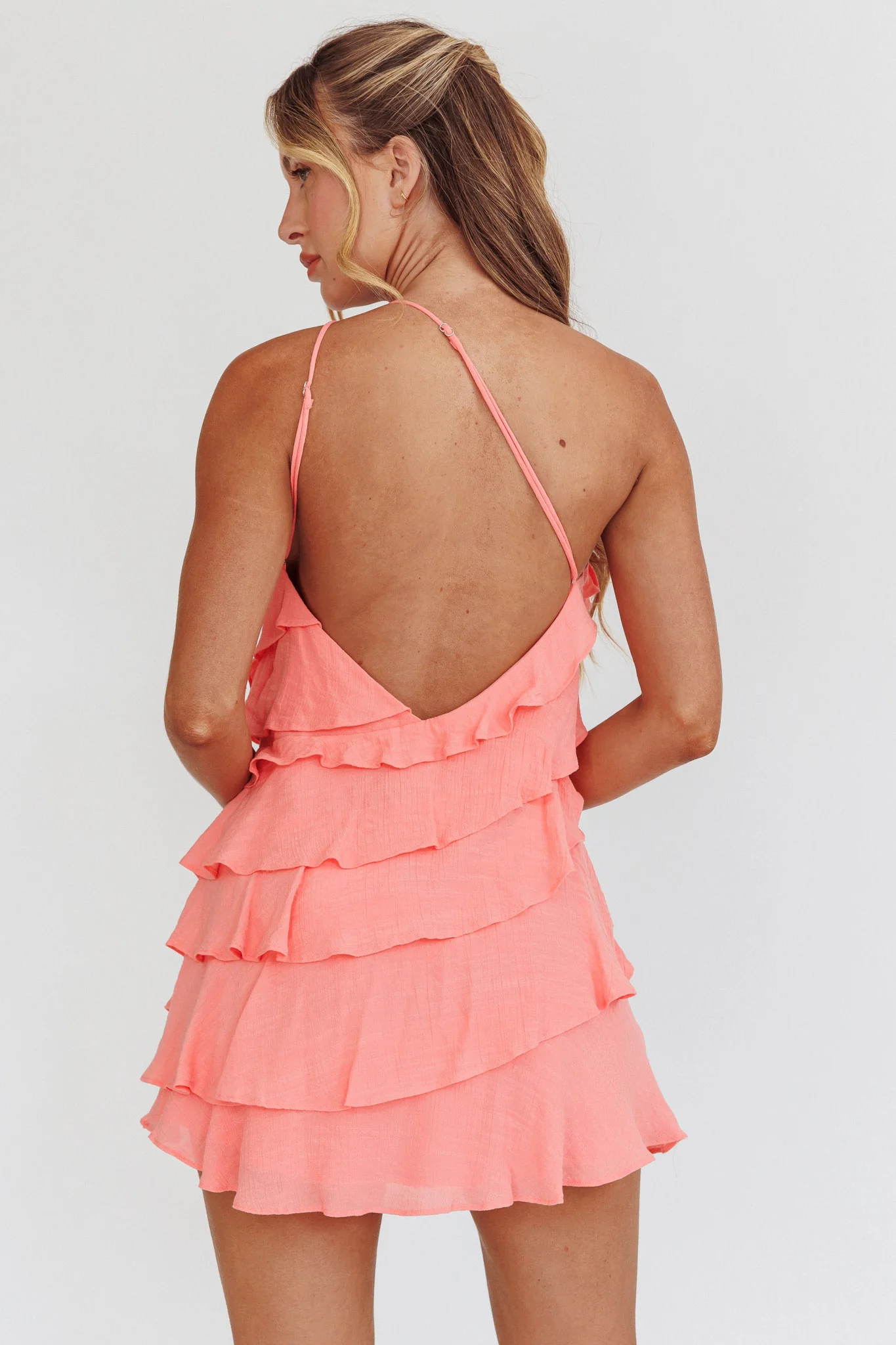 Arrabel Tiered Ruffle Mini Dress Peach - Image 9