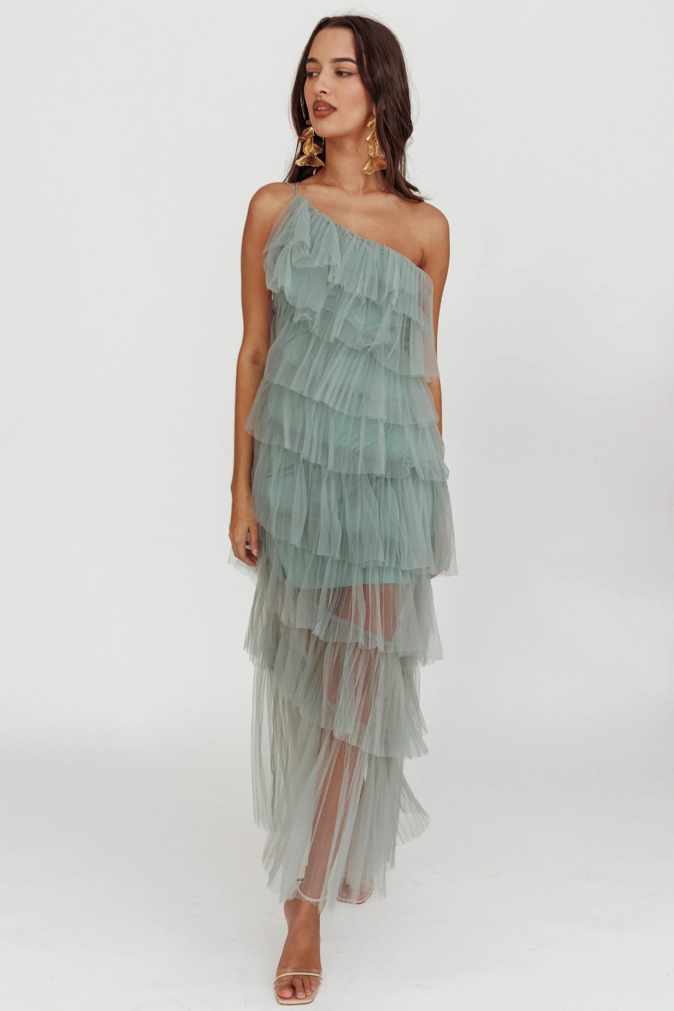 Arrabel Tiered Ruffle Tulle Maxi Dress Sage - Image 5