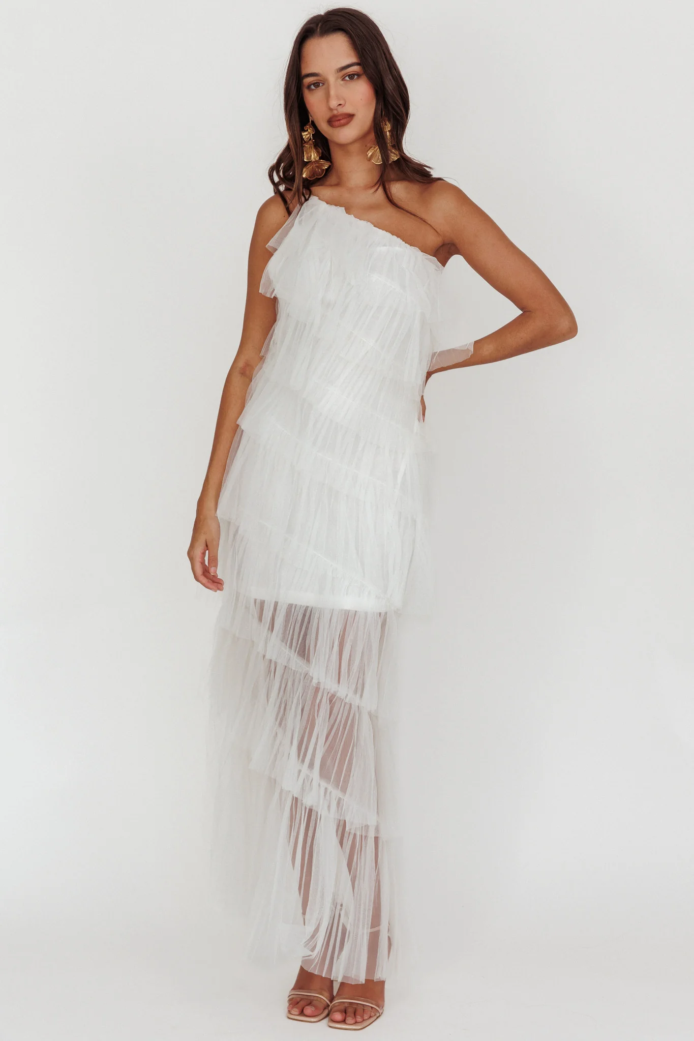 Arrabel Tiered Ruffle Tulle Maxi Dress White - Image 3