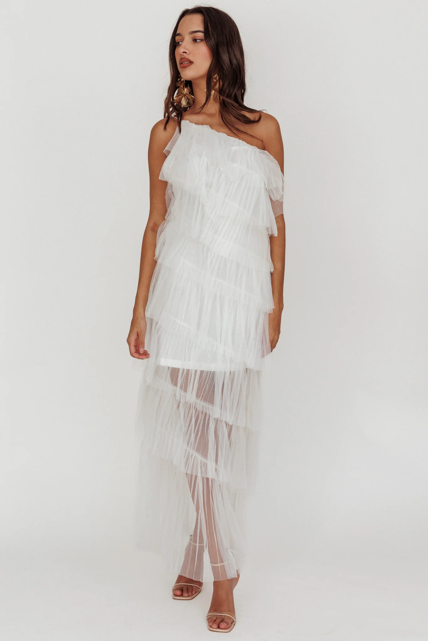 Arrabel Tiered Ruffle Tulle Maxi Dress White - Image 5