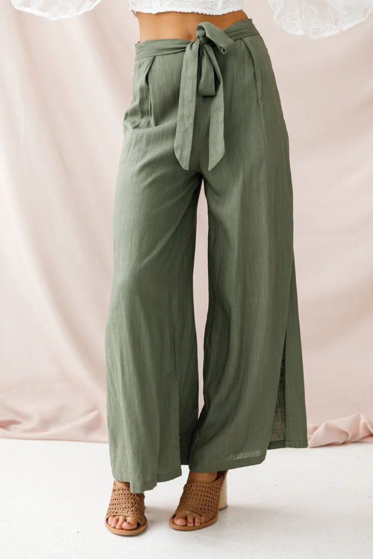 Aruba Wide Leg Side Split Pants Khaki - Image 2