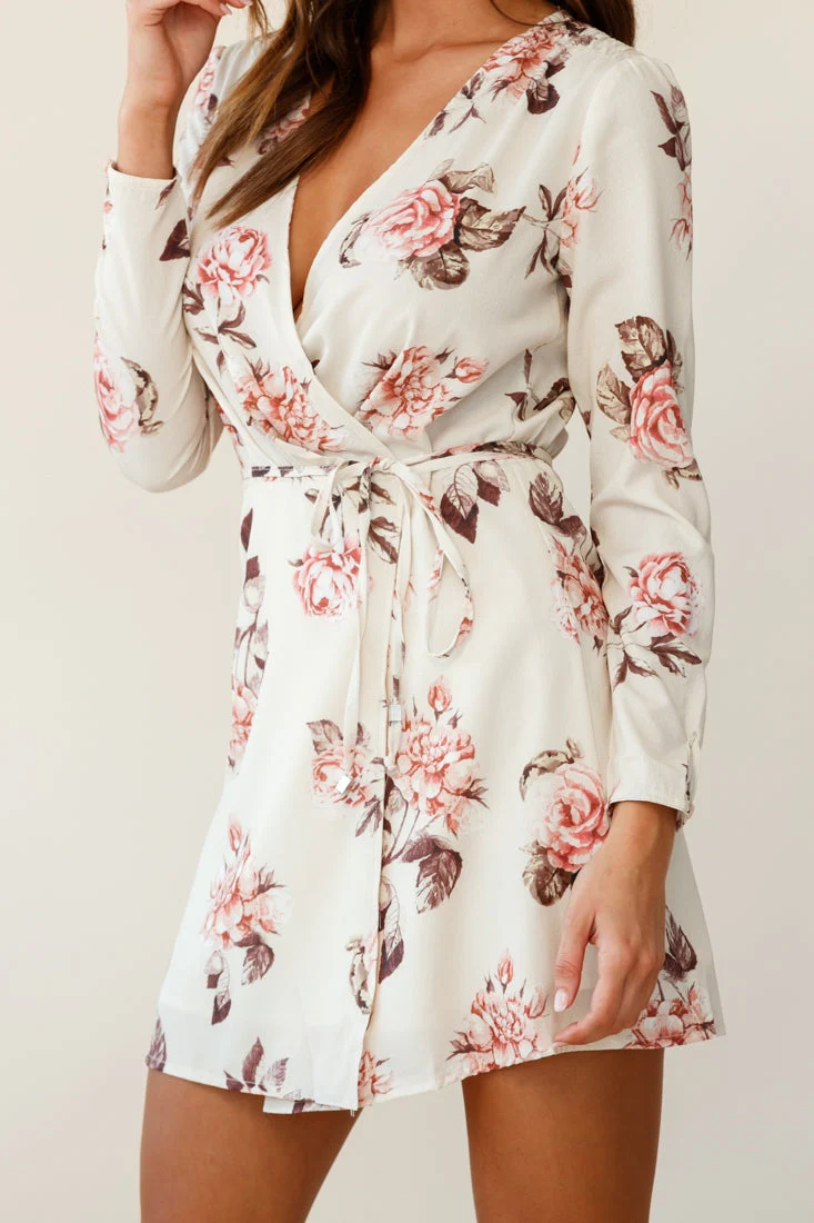 Aryanna Floral Darling Wrap Dress Beige - Image 4
