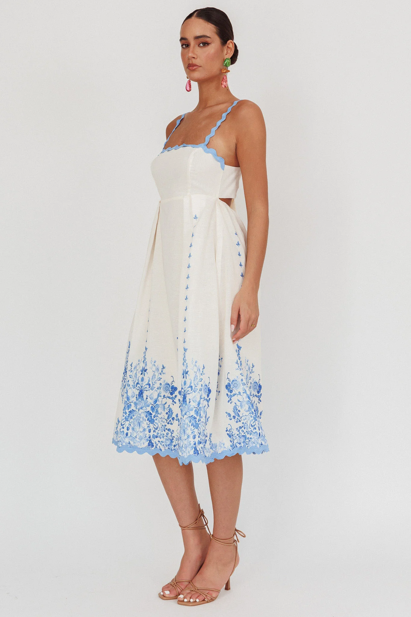 Asami Floral Print Ric Rac Trim Midi Dress Blue - Image 6