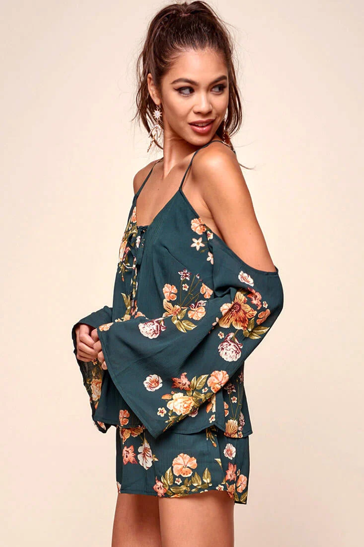 Ashanti Off the Shoulder Layered Floral Romper Khaki - Image 3