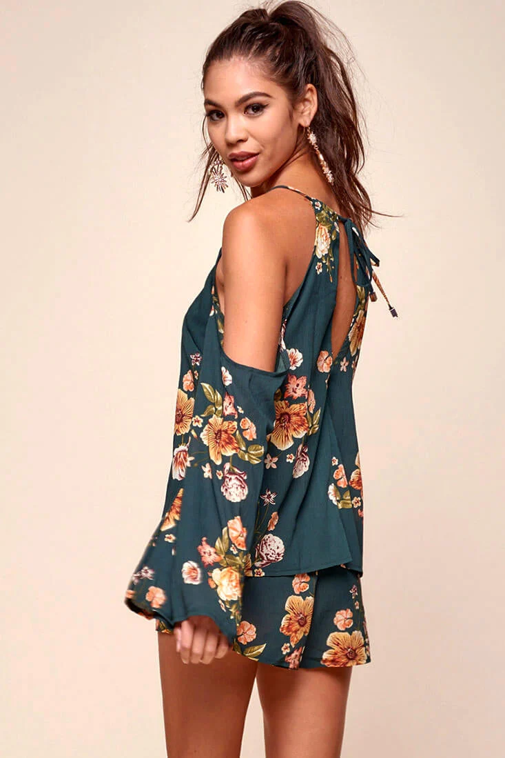 Ashanti Off the Shoulder Layered Floral Romper Khaki - Image 4