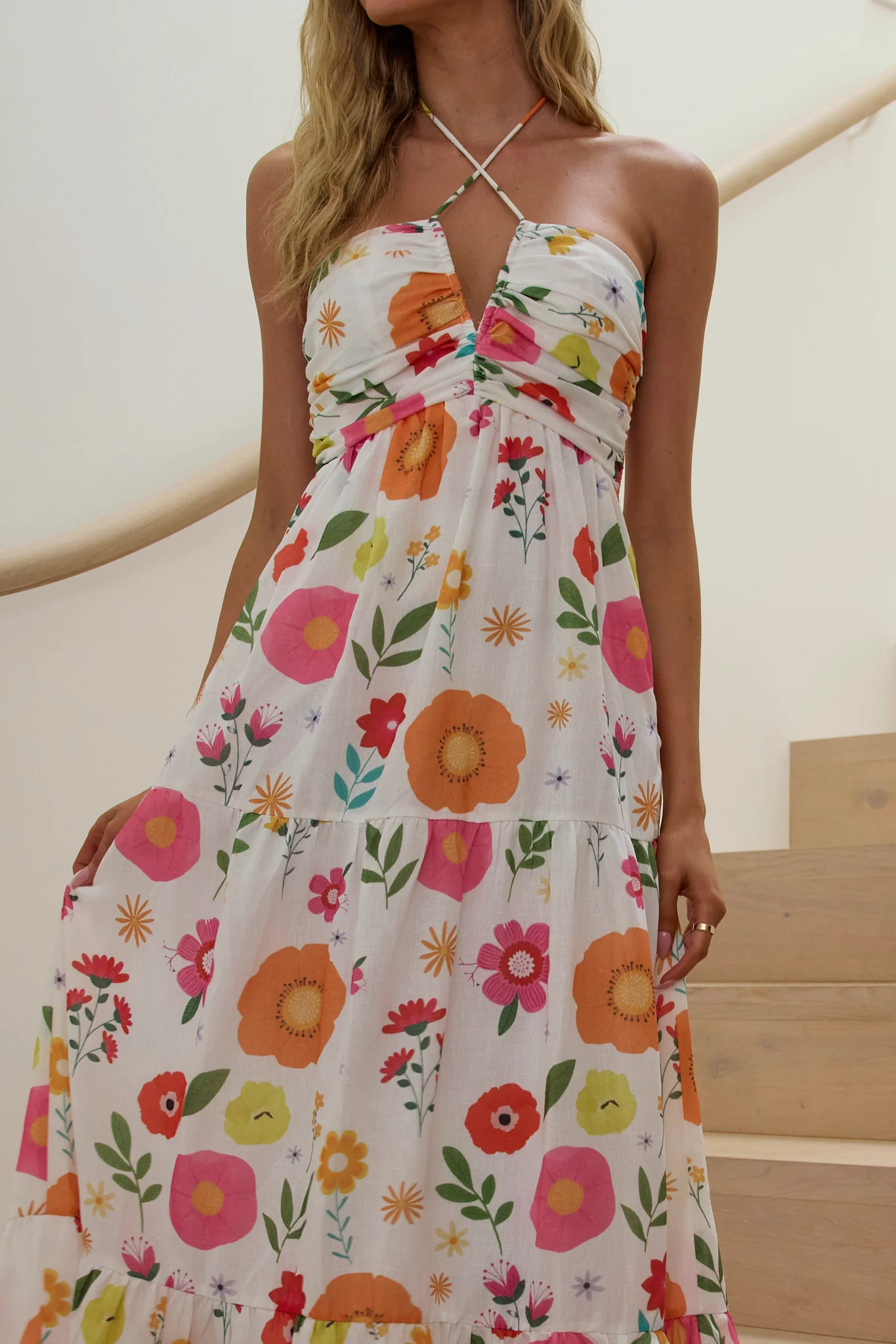 Asiah Gathered Bust Halterneck Maxi Dress Floral White - Image 4