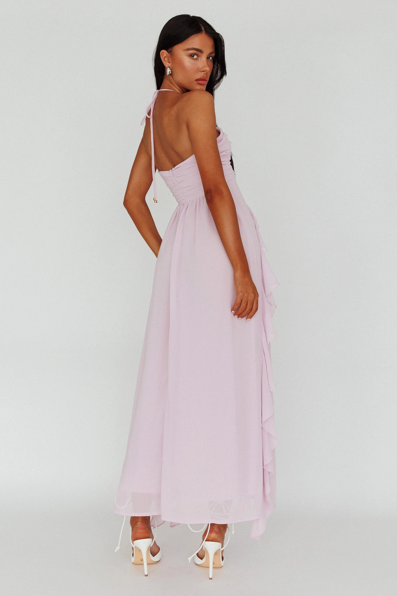 Asiah Ruffle Trim Halterneck Maxi Dress Lavender - Image 2