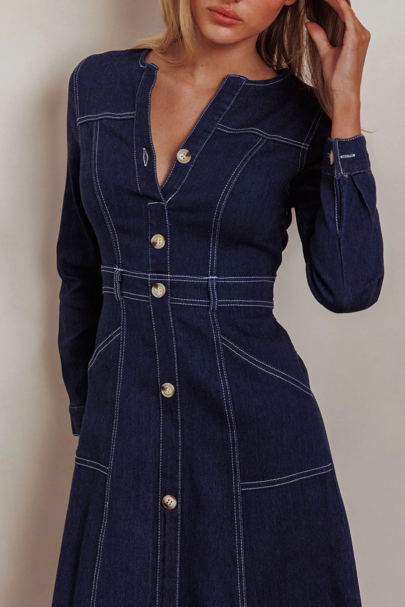 Aspen Love Front Pocket Long Sleeve Midi Dress Indigo - Image 5