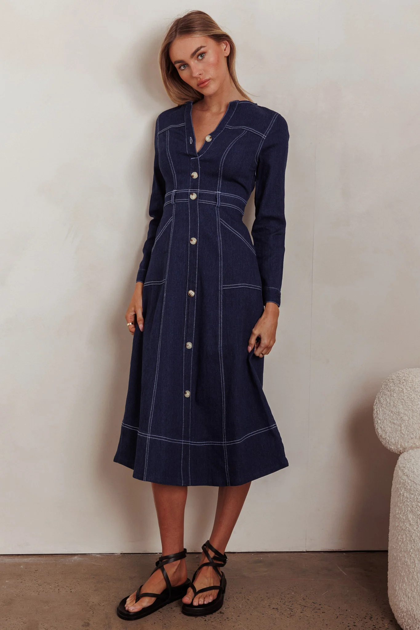 Aspen Love Front Pocket Long Sleeve Midi Dress Indigo - Image 6