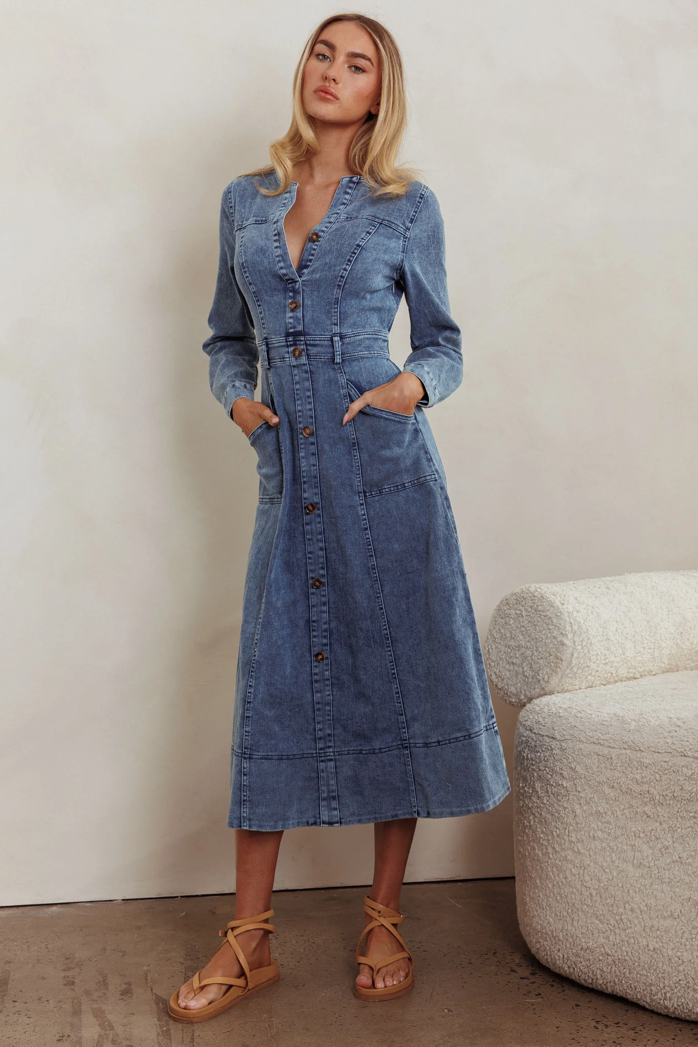 Aspen Love Front Pocket Midi Dress Denim Blue - Image 6
