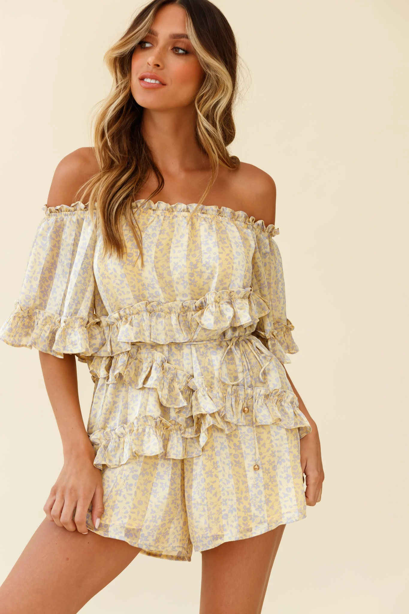 Astoria Bardot Neckline Frill Romper Floral & Stripe Print Yellow - Image 8