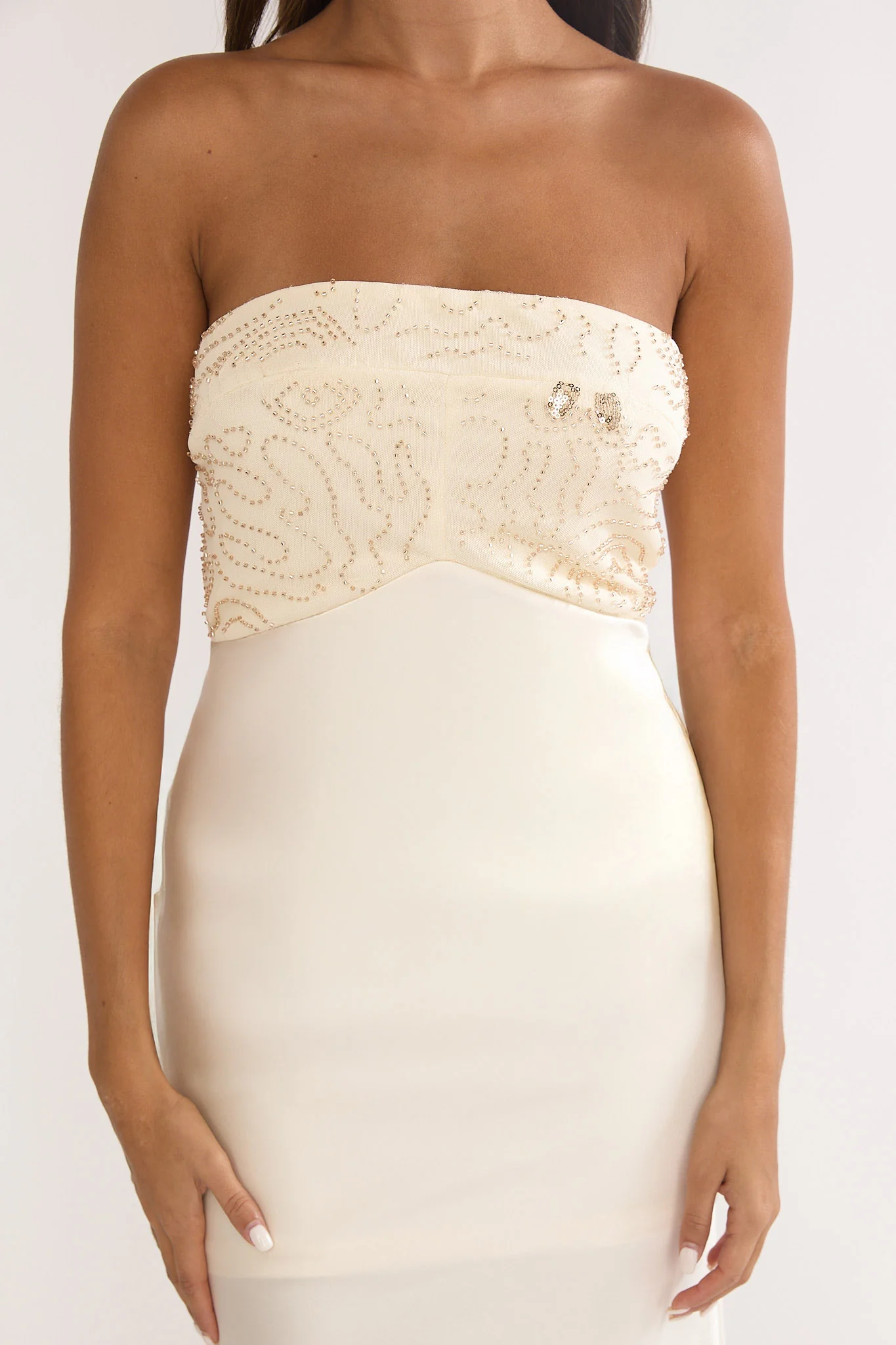 At Dusk Beaded Bust Strapless Maxi Dress Oyster - Image 3
