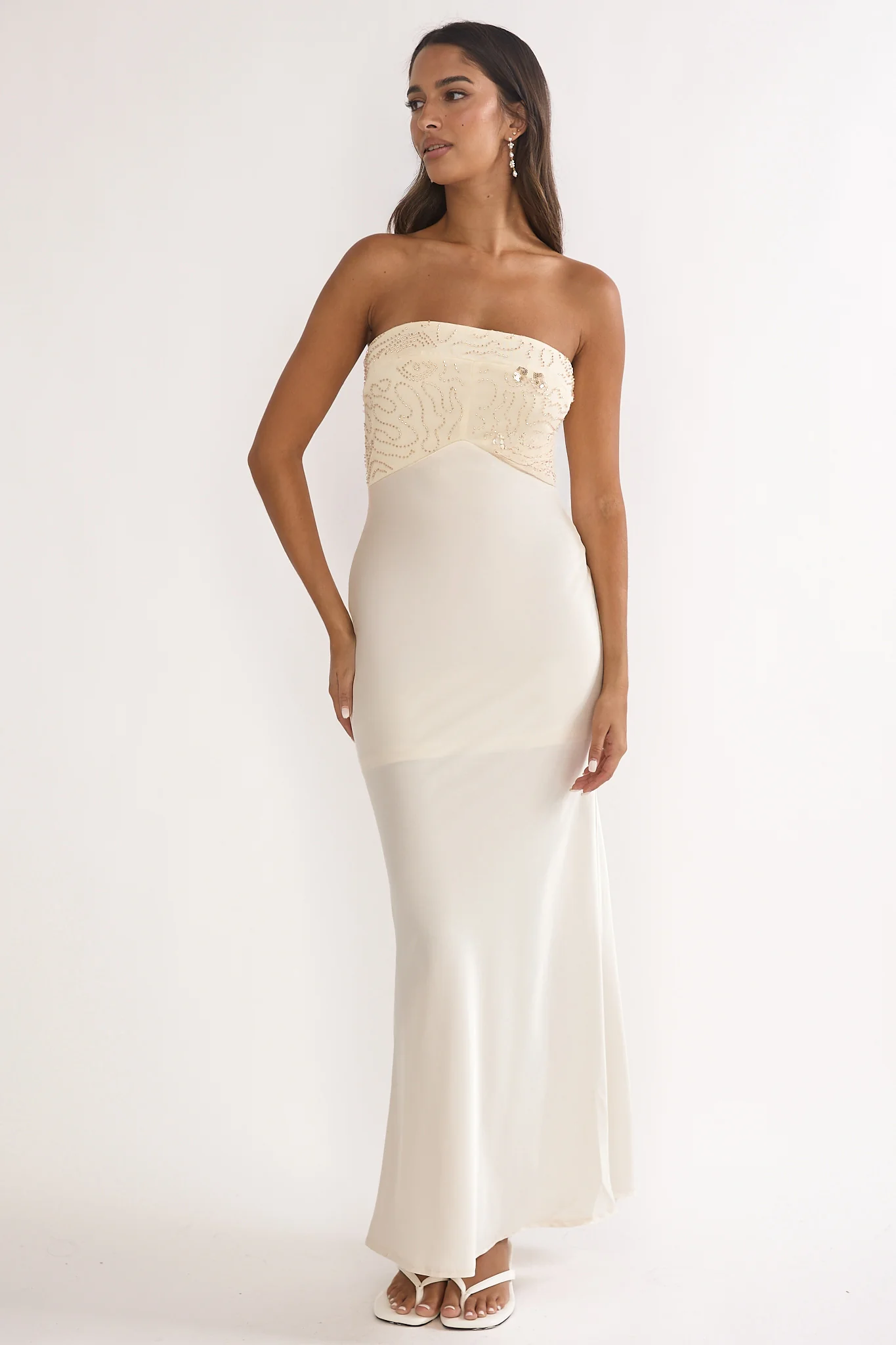 At Dusk Beaded Bust Strapless Maxi Dress Oyster - Image 4