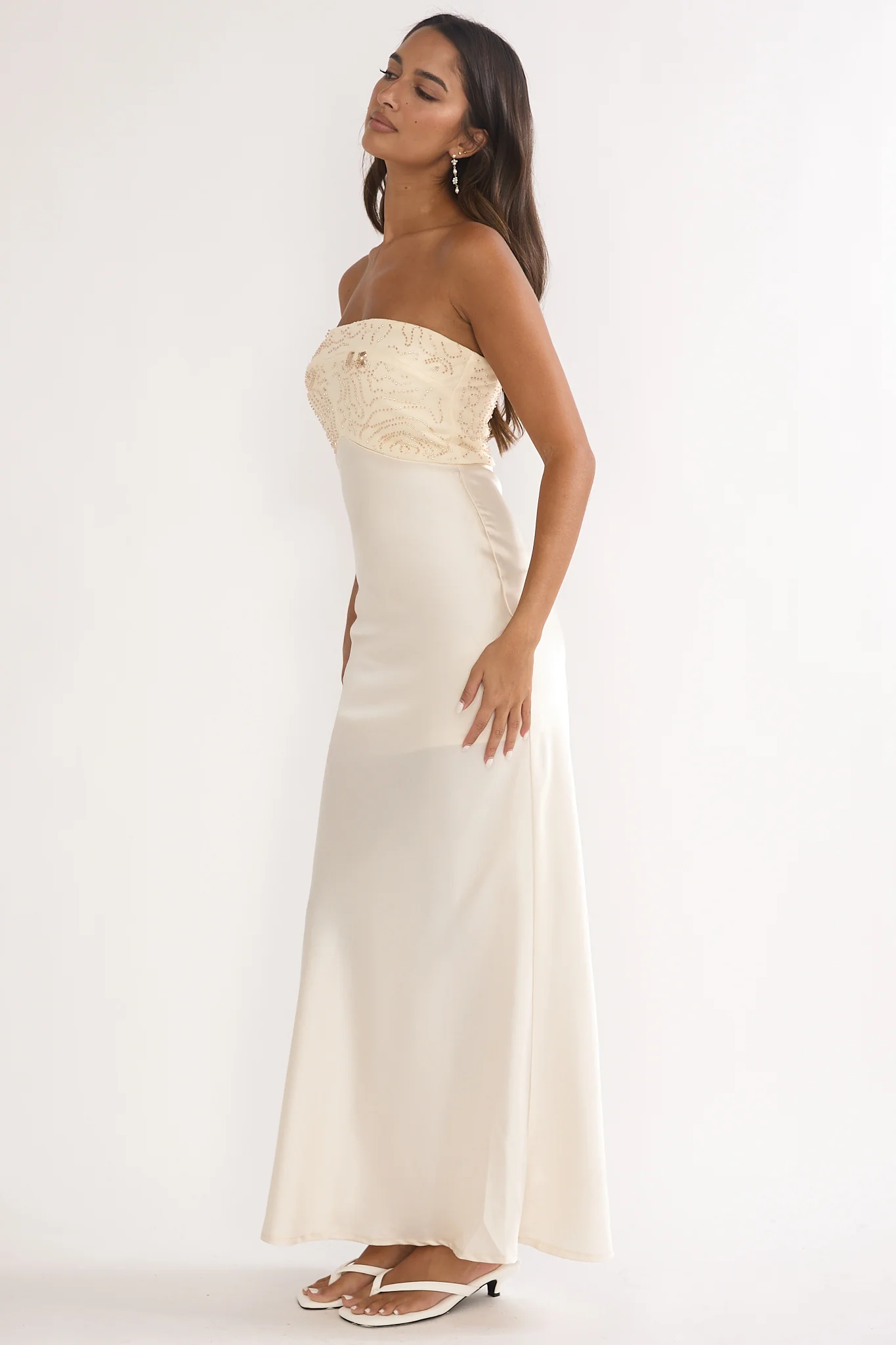 At Dusk Beaded Bust Strapless Maxi Dress Oyster - Image 6