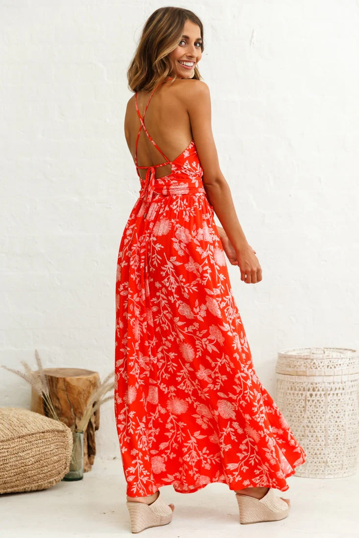 Athena High Split Maxi Dress Floral Print Red - Image 10