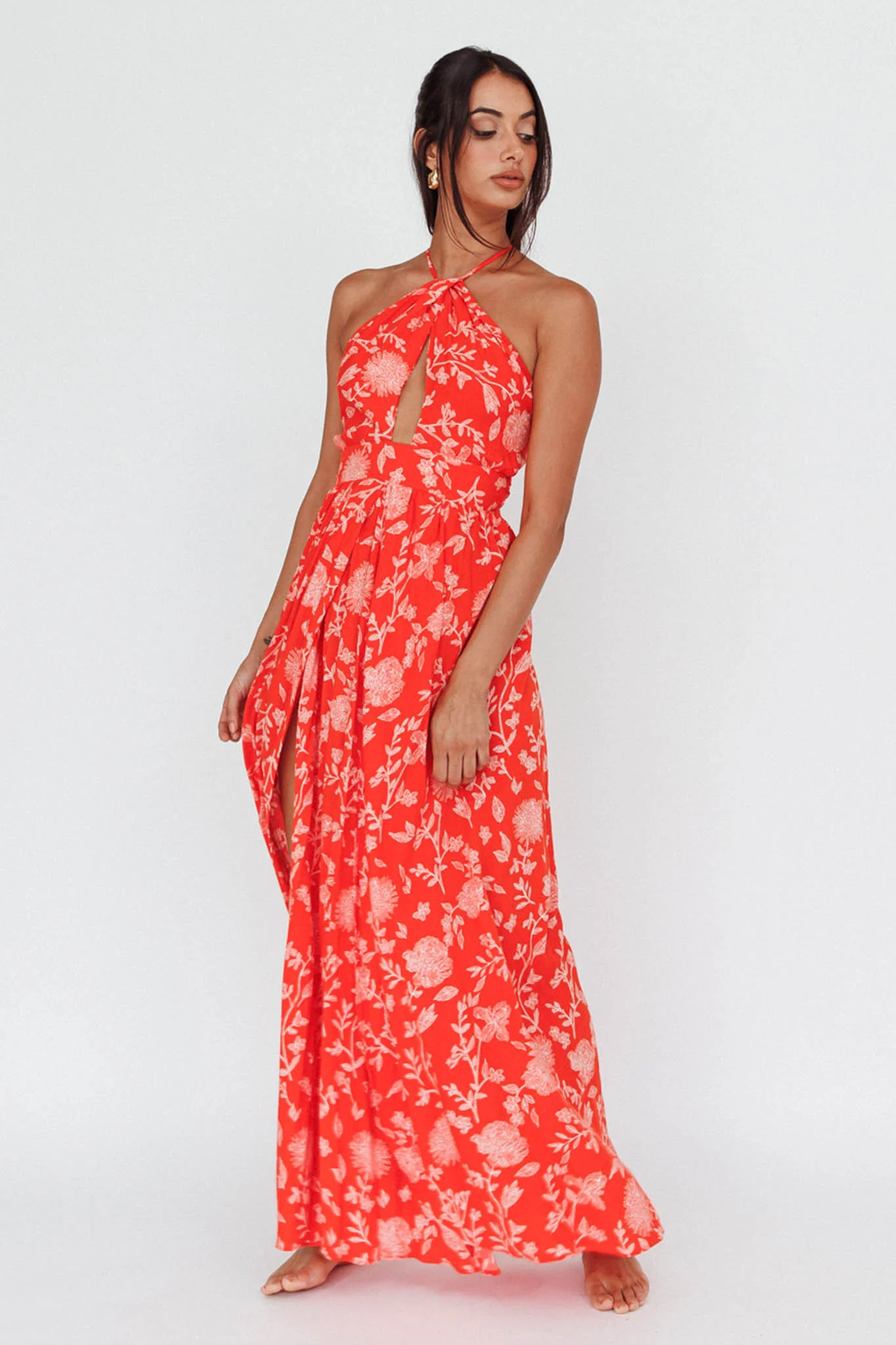 Athena High Split Maxi Dress Floral Print Red - Image 4