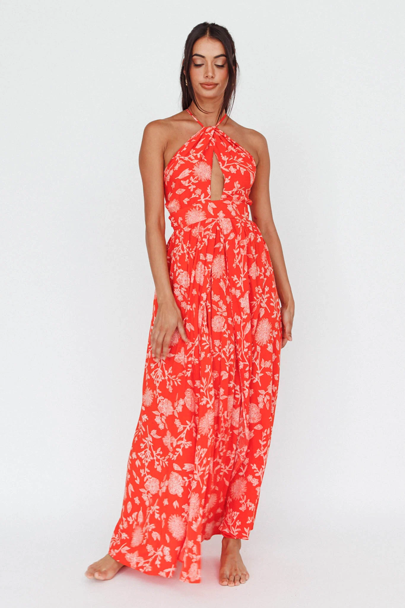 Athena High Split Maxi Dress Floral Print Red - Image 5