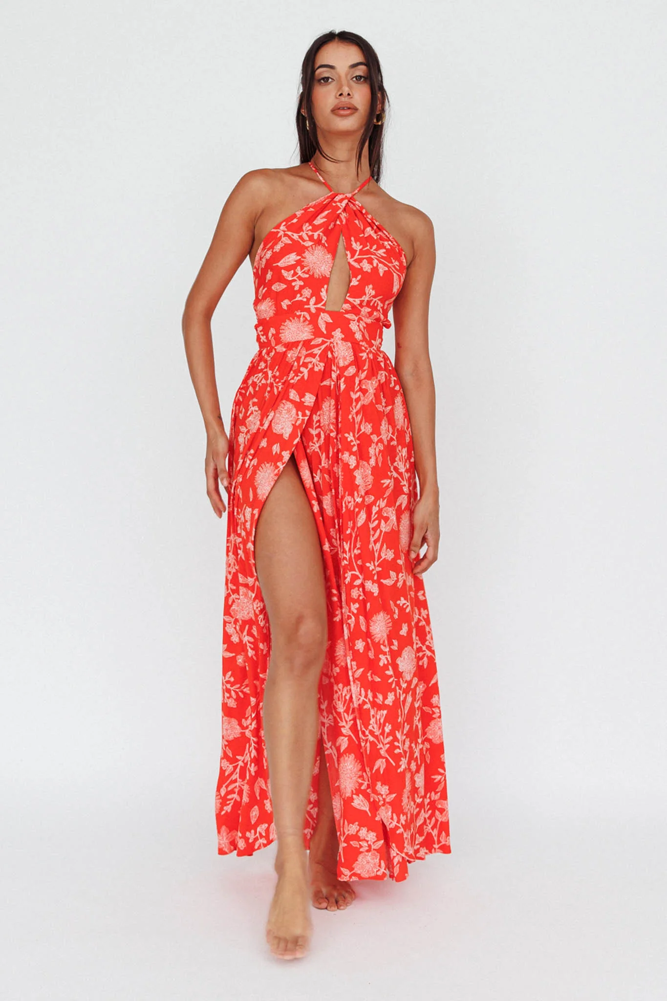 Athena High Split Maxi Dress Floral Print Red - Image 6