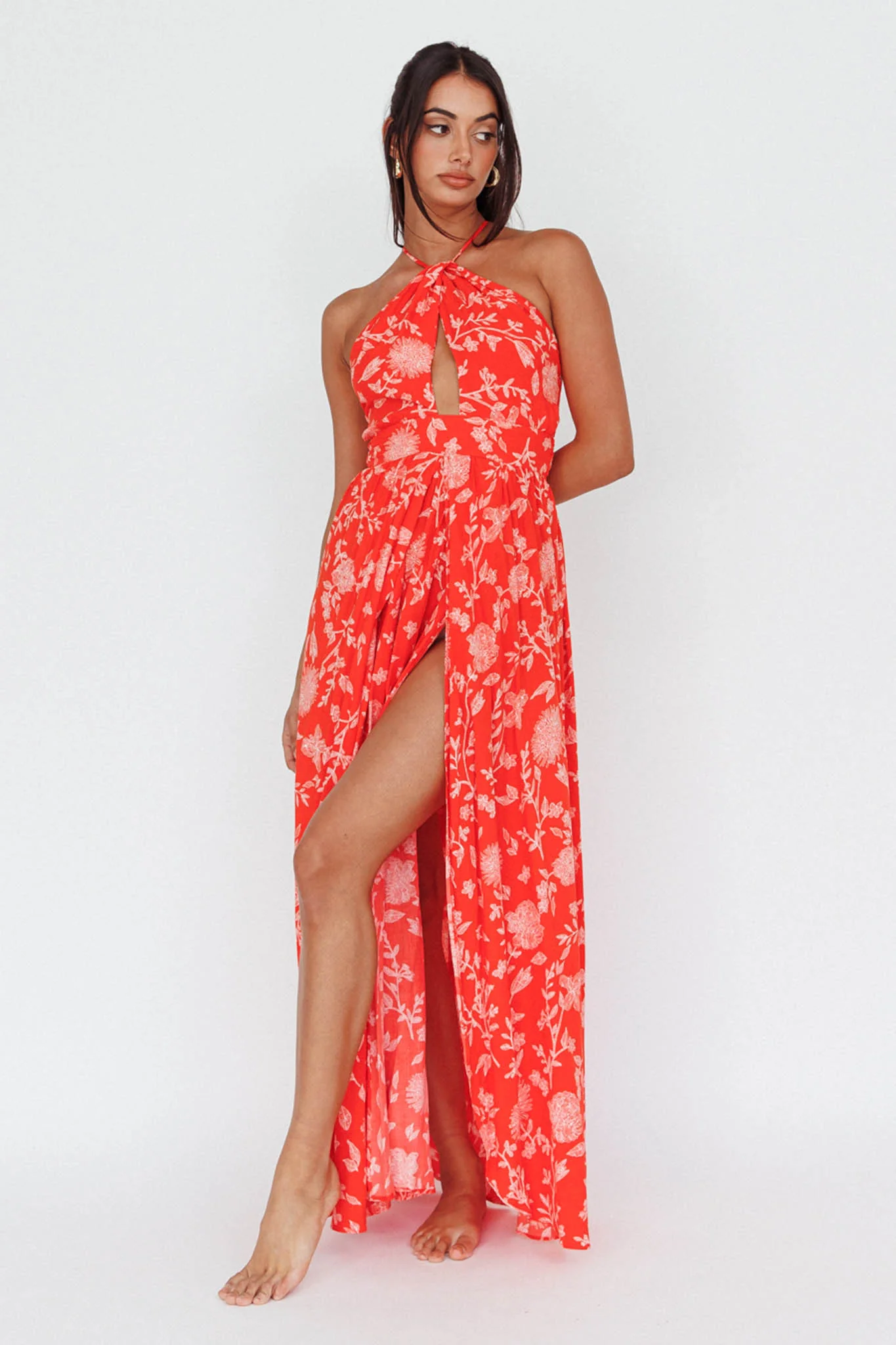 Athena High Split Maxi Dress Floral Print Red - Image 7