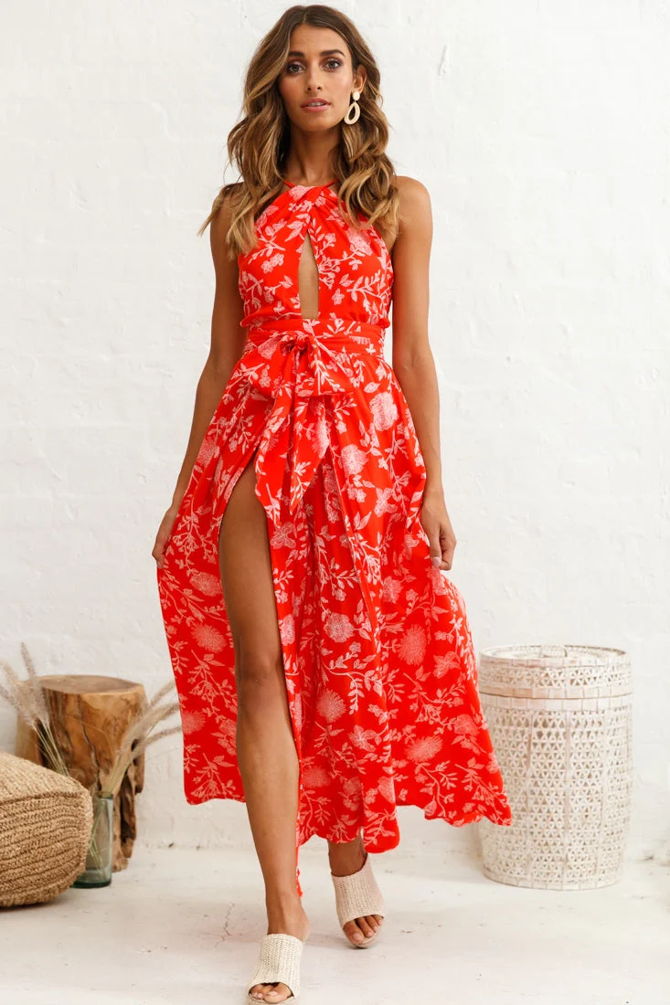Athena High Split Maxi Dress Floral Print Red - Image 8