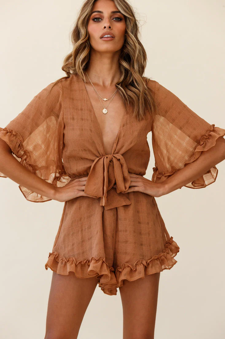 Athira Tied Bust Flared Sleeve Frill Romper Tan - Image 4