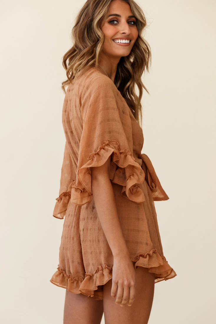 Athira Tied Bust Flared Sleeve Frill Romper Tan - Image 7