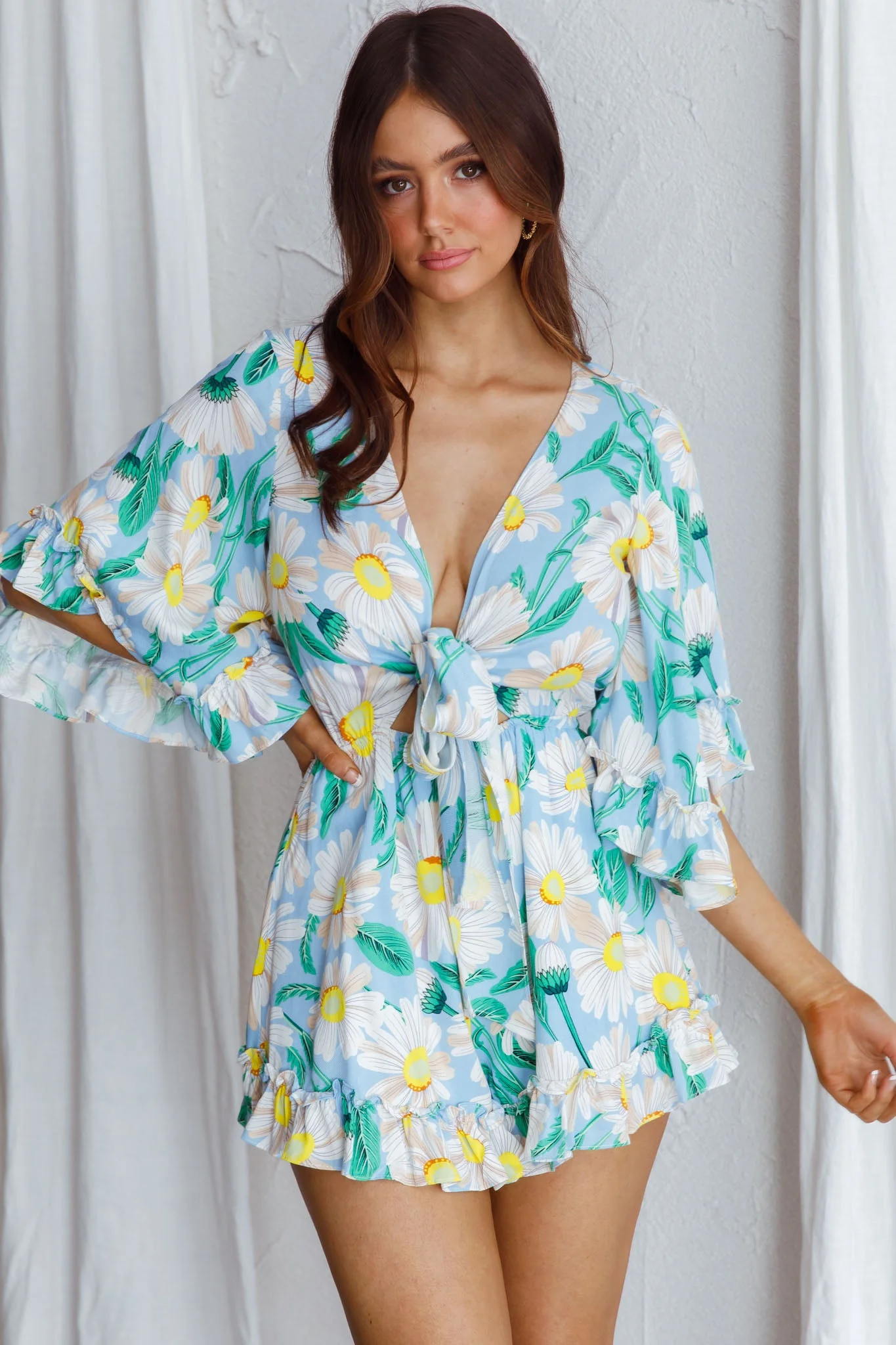 Athira Tied Bust Flared Sleeve Romper Daisy Blue - Image 6