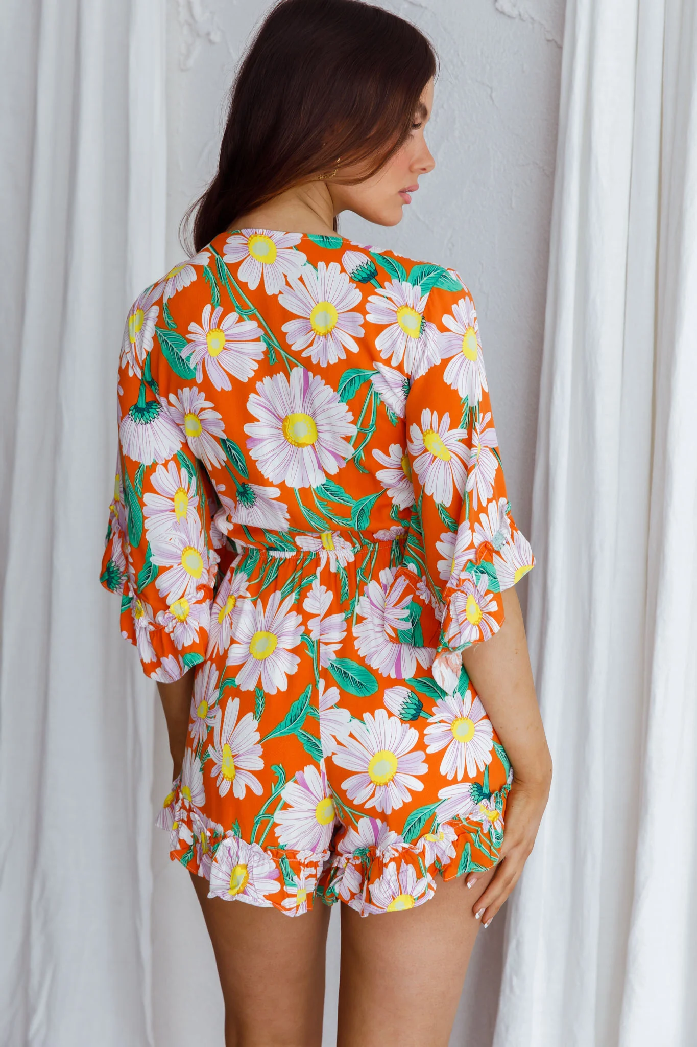 Athira Tied Bust Flared Sleeve Romper Daisy Orange - Image 2