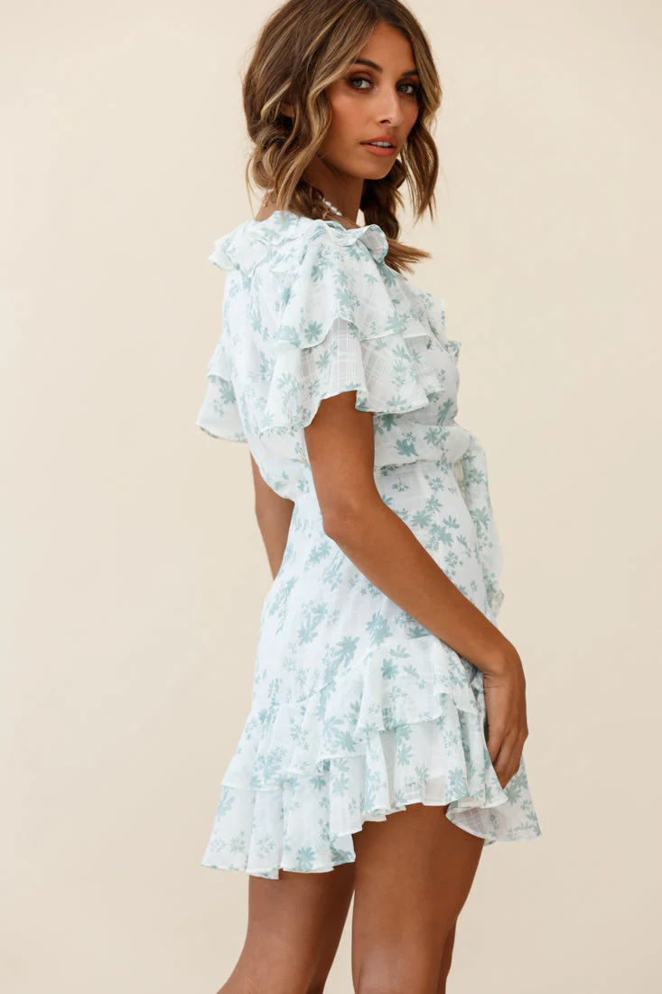 Aubrey Tied Bust Ruffle Trim Dress Floral Print Green - Image 2