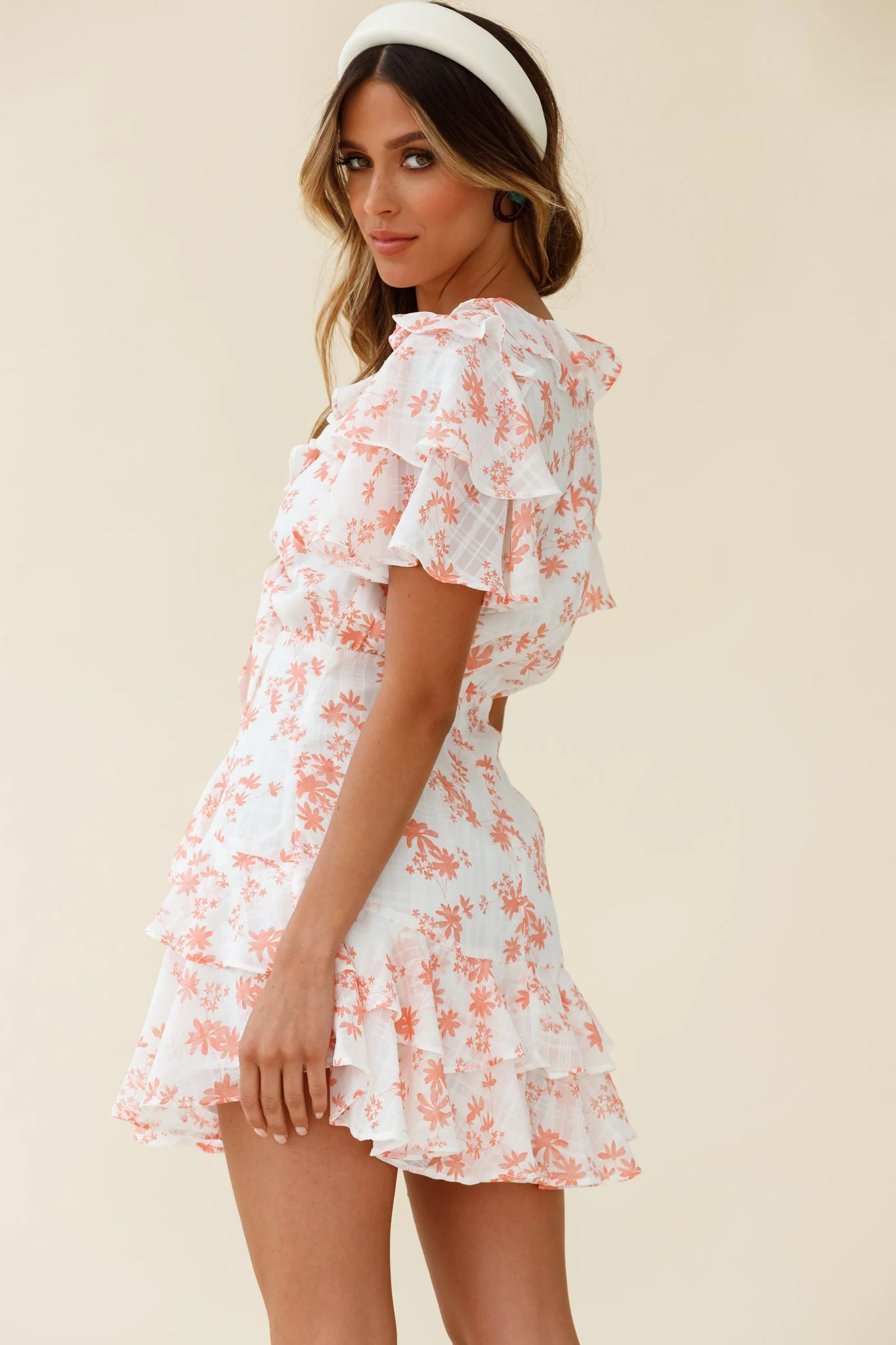 Aubrey Tied Bust Ruffle Trim Dress Floral Print Pink - Image 3