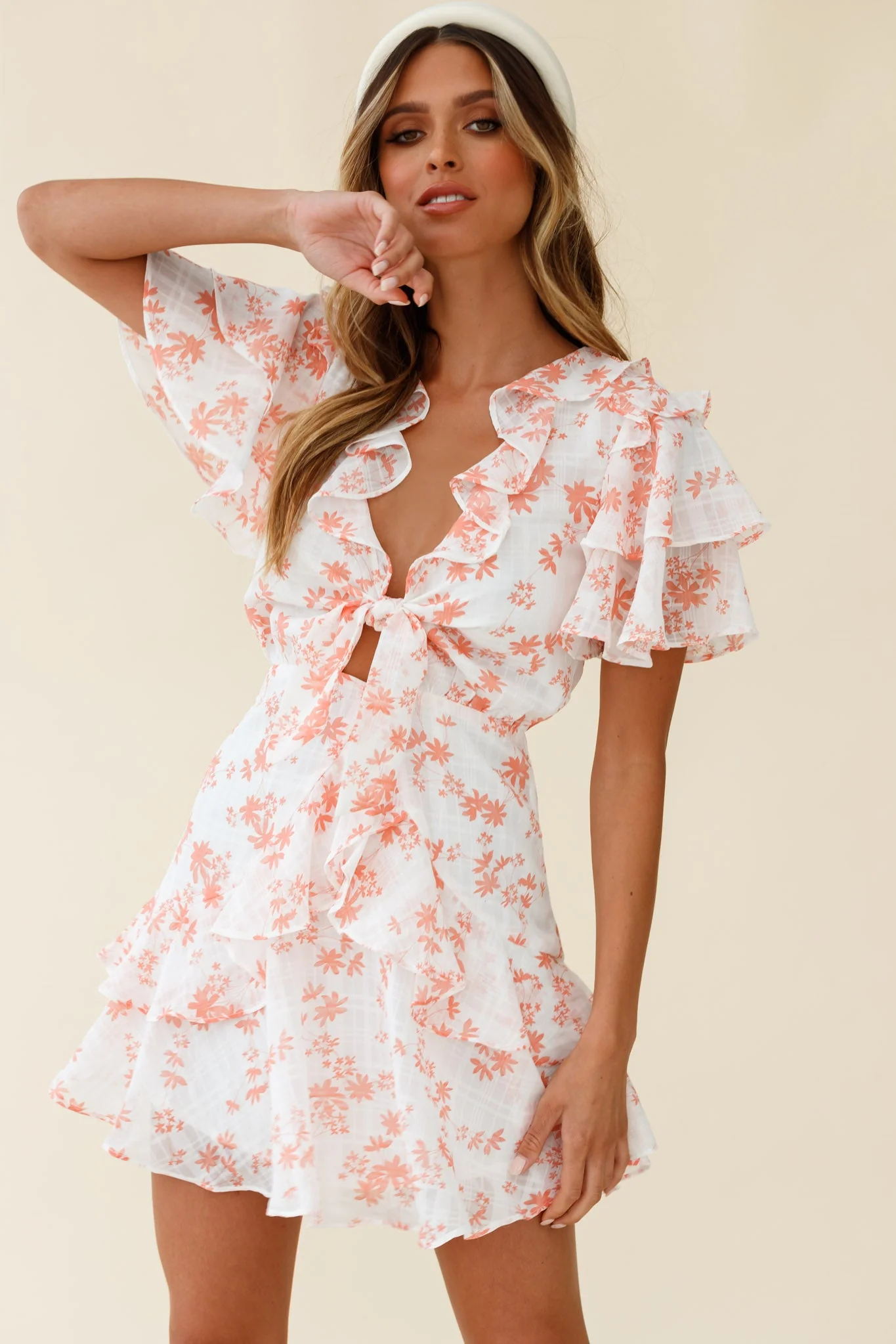 Aubrey Tied Bust Ruffle Trim Dress Floral Print Pink - Image 6
