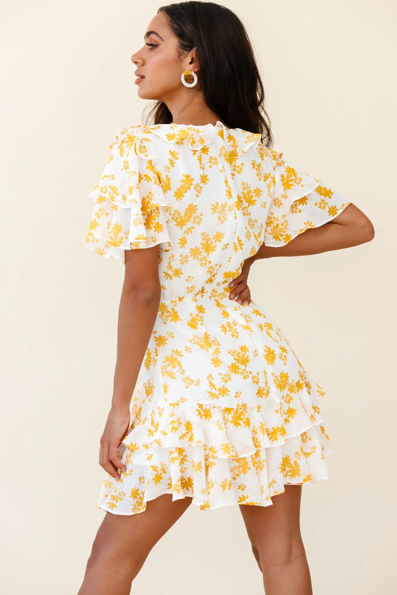 Aubrey Tied Bust Ruffle Trim Dress Floral Print Yellow - Image 2