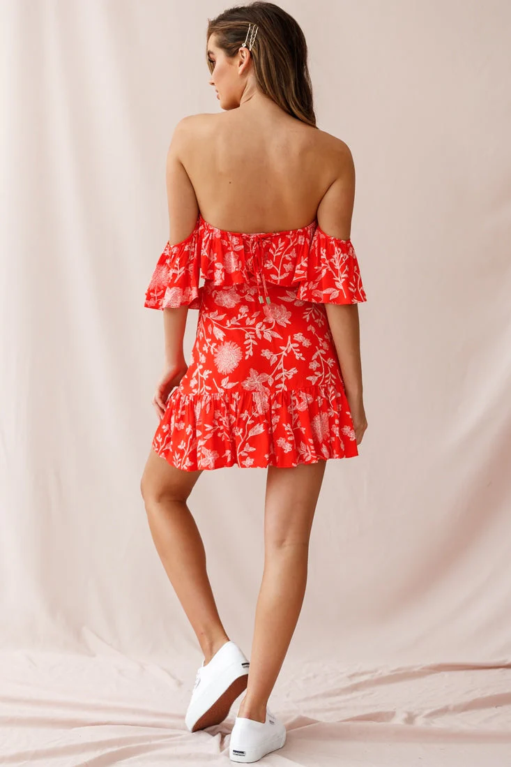 Audrina Off-Shoulder Wrap Dress Floral Print Red - Image 4