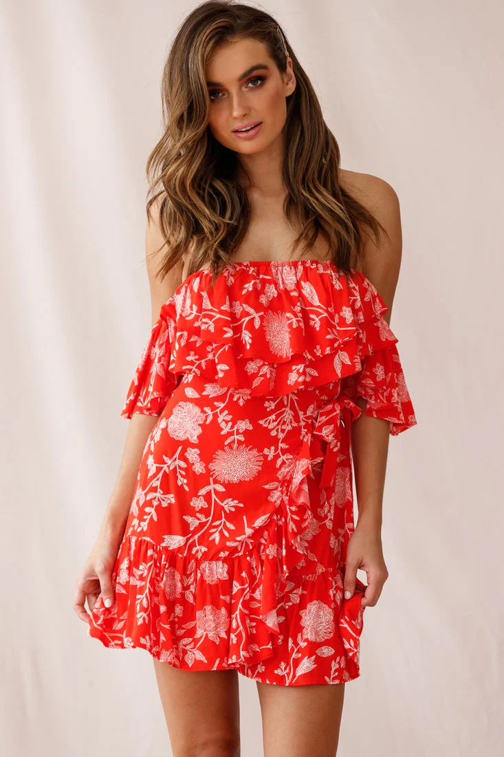 Audrina Off-Shoulder Wrap Dress Floral Print Red - Image 7
