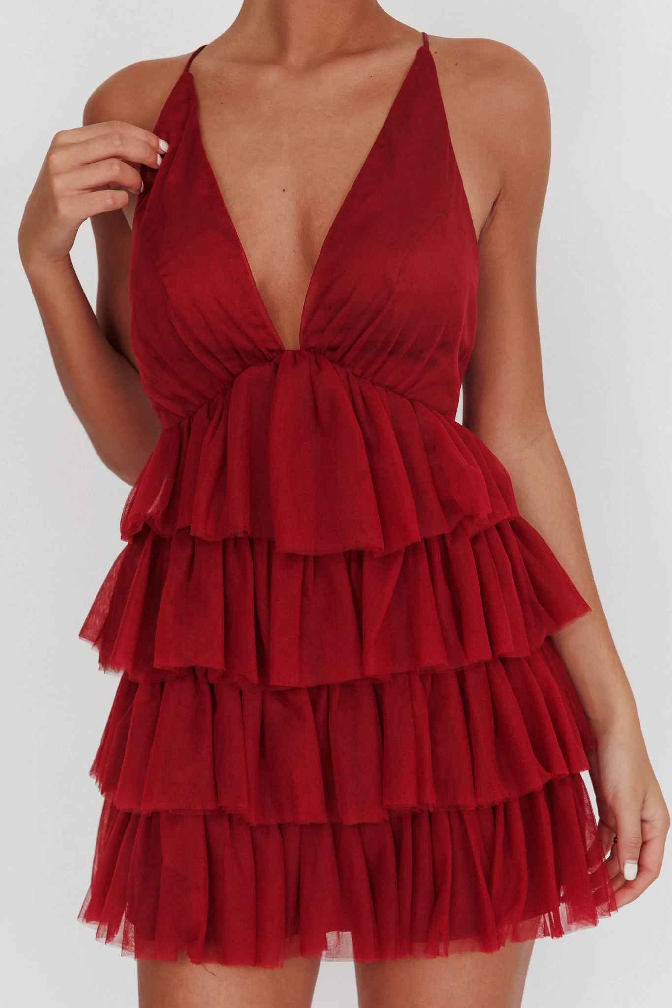 Auguste Tiered Frill Mini Dress Burgundy - Image 5