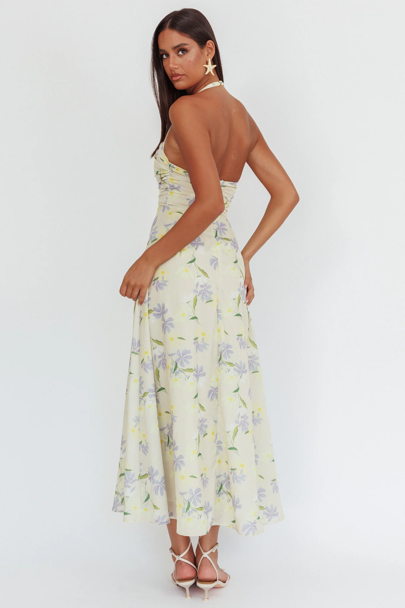 Auriana Asymmetric Neckline Halter maxi Dress Floral Lemon - Image 2