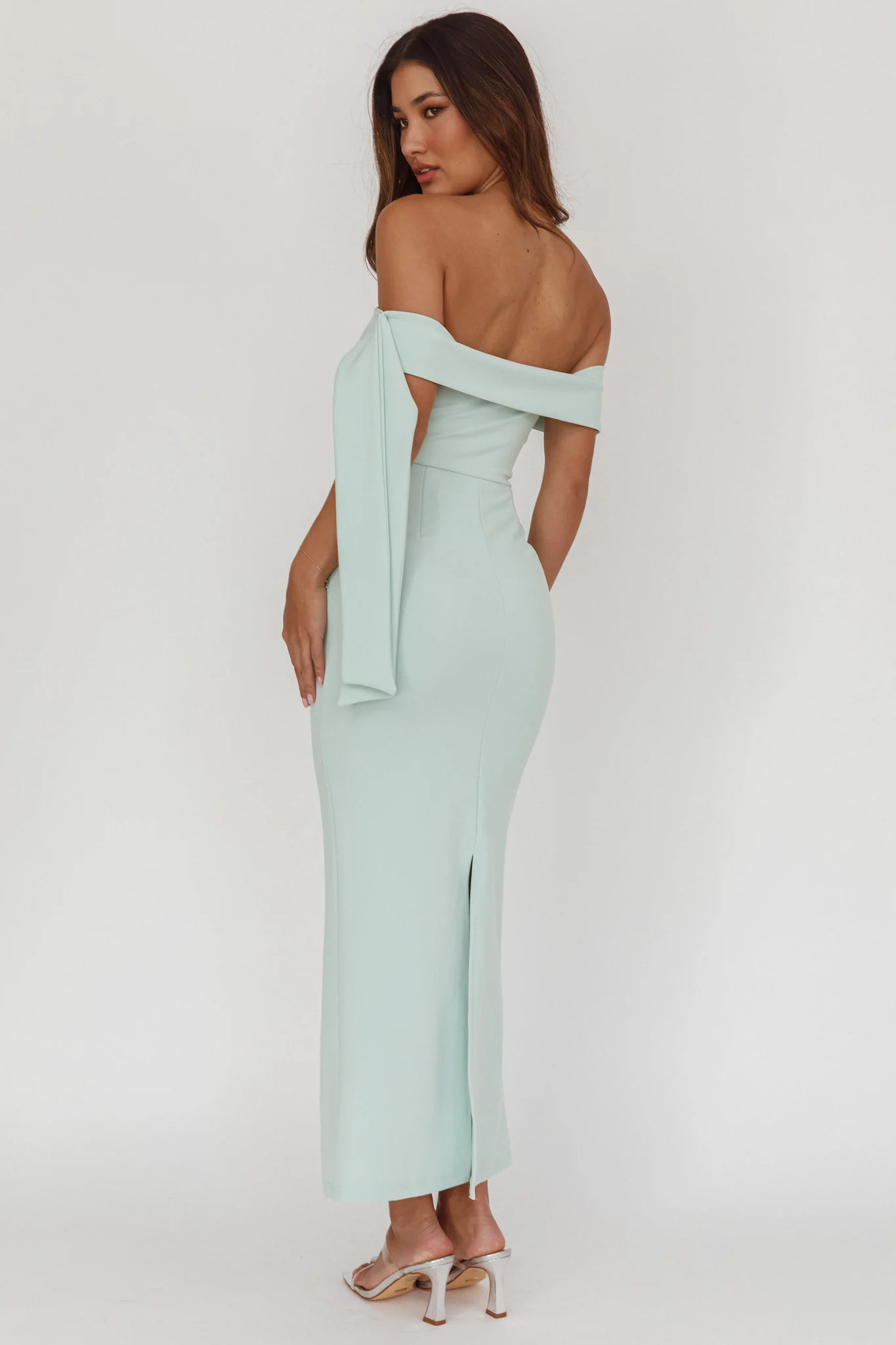 Aurora Sky Off-Shoulder Tie Maxi Dress Sage - Image 2