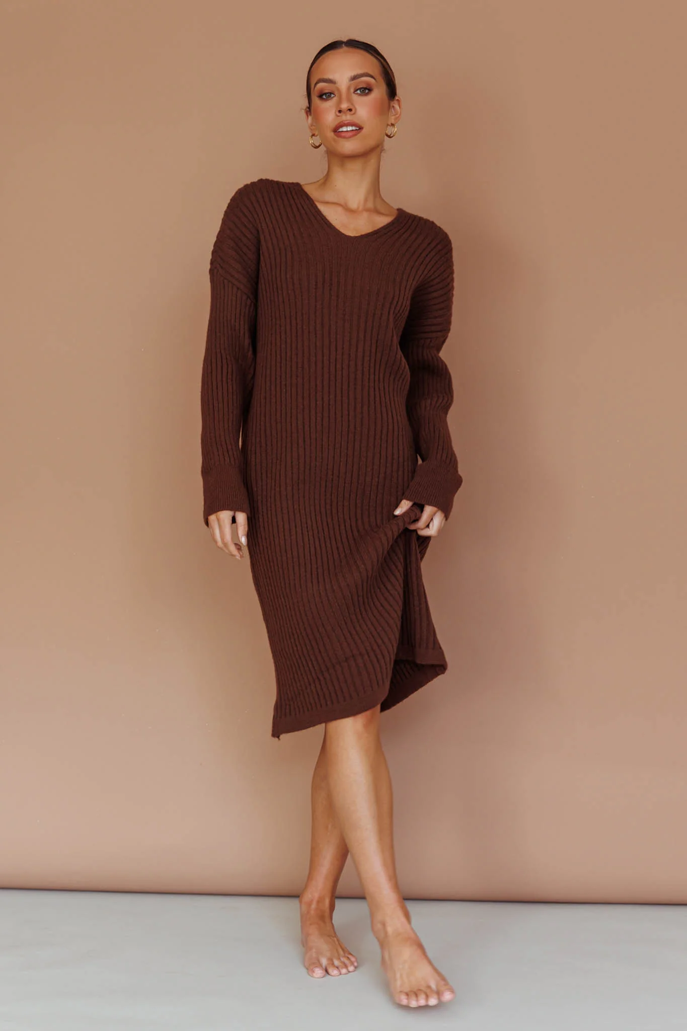 Autumn Hooded Sweater Midi Dress Chocolate - Image 3