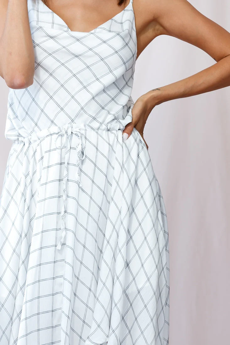 Ava Cowl Neck Drawstring Midi Dress Check Print White - Image 4
