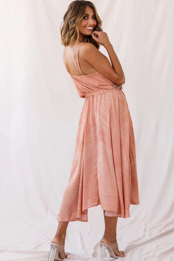 Ava Cowl Neck Drawstring Midi Dress Line Print Nude - Image 3